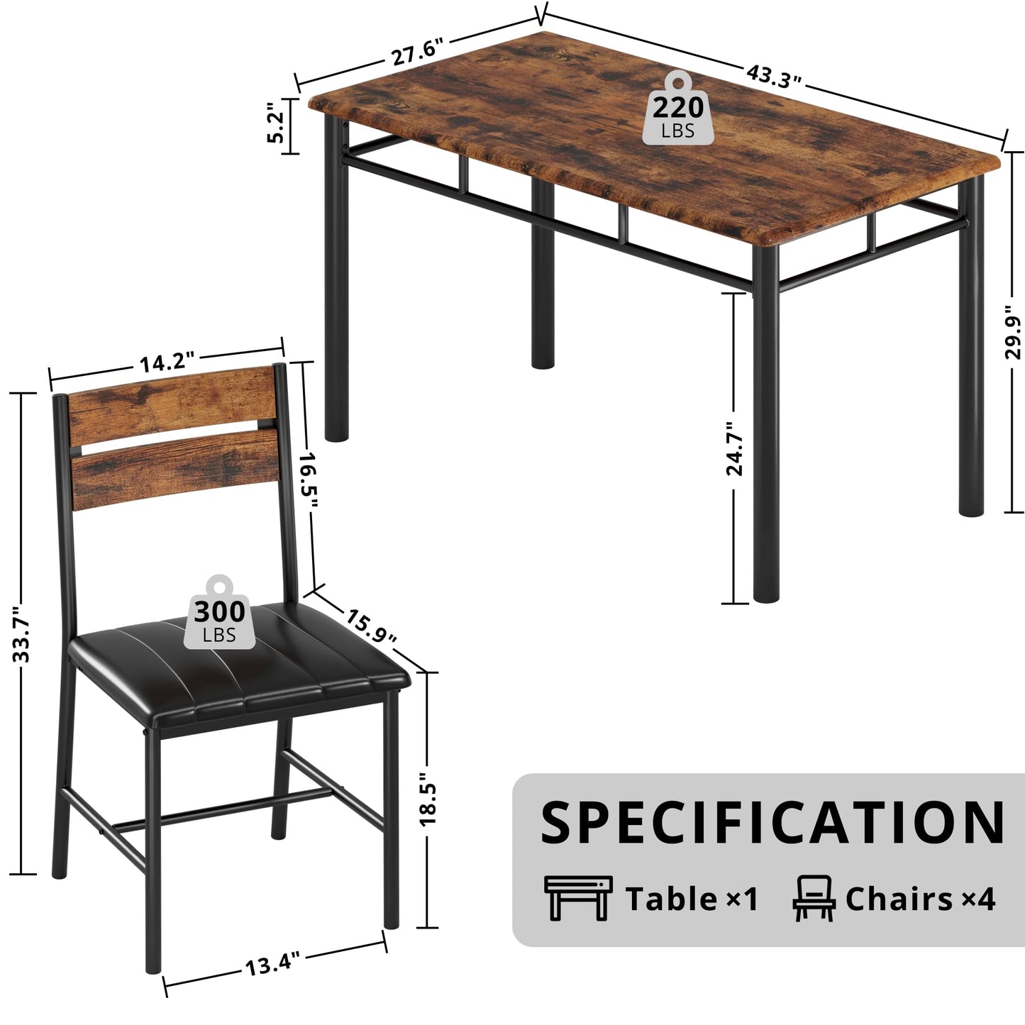 IRONCK Dining Table Set for 4, Wood Kitchen Table with Upholstered Chairs for Kitchen Room and Small Spaces, Rustic Brown
