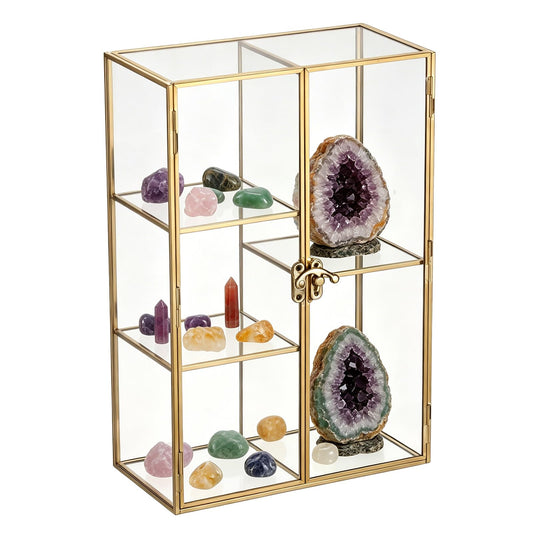 JUXYES 5 Grids Tabletop Brass Glass Rock Display Case with Latch Door - Modern Clear Rocks Collection Display Case Box - Gold Dust Proof Case Small Shelf for Collectible, Mineral Crystal, Rock, Stones