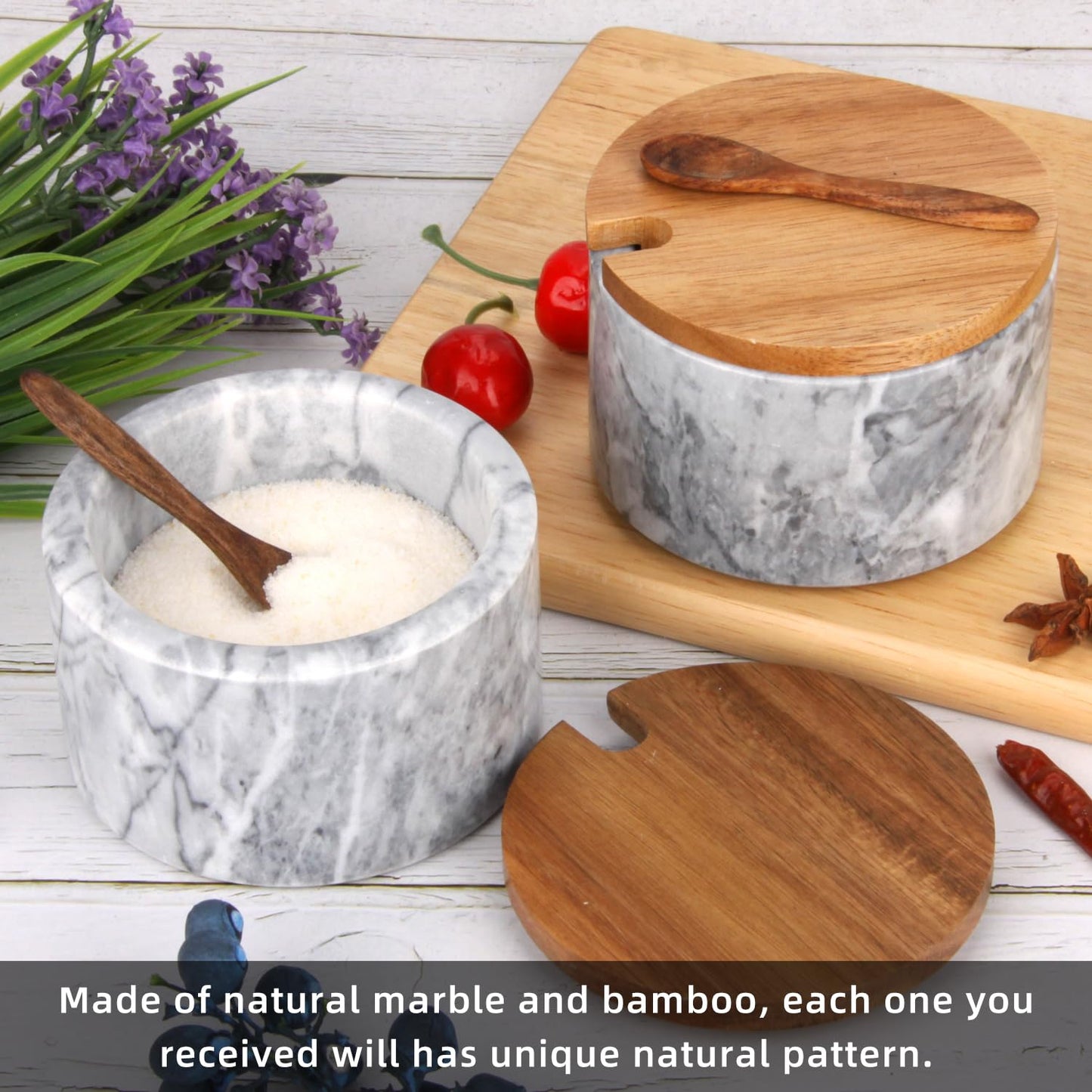 HESHIBI Marble Salt Cellar Box with Wood Lid & Spoon, Modern White Stone Salt or Pepper Sugar Spice Seasoning Bowl Container Jar Holder Well Keeper Dish Pig Crock for Kitchen (Light Grey Bowl)