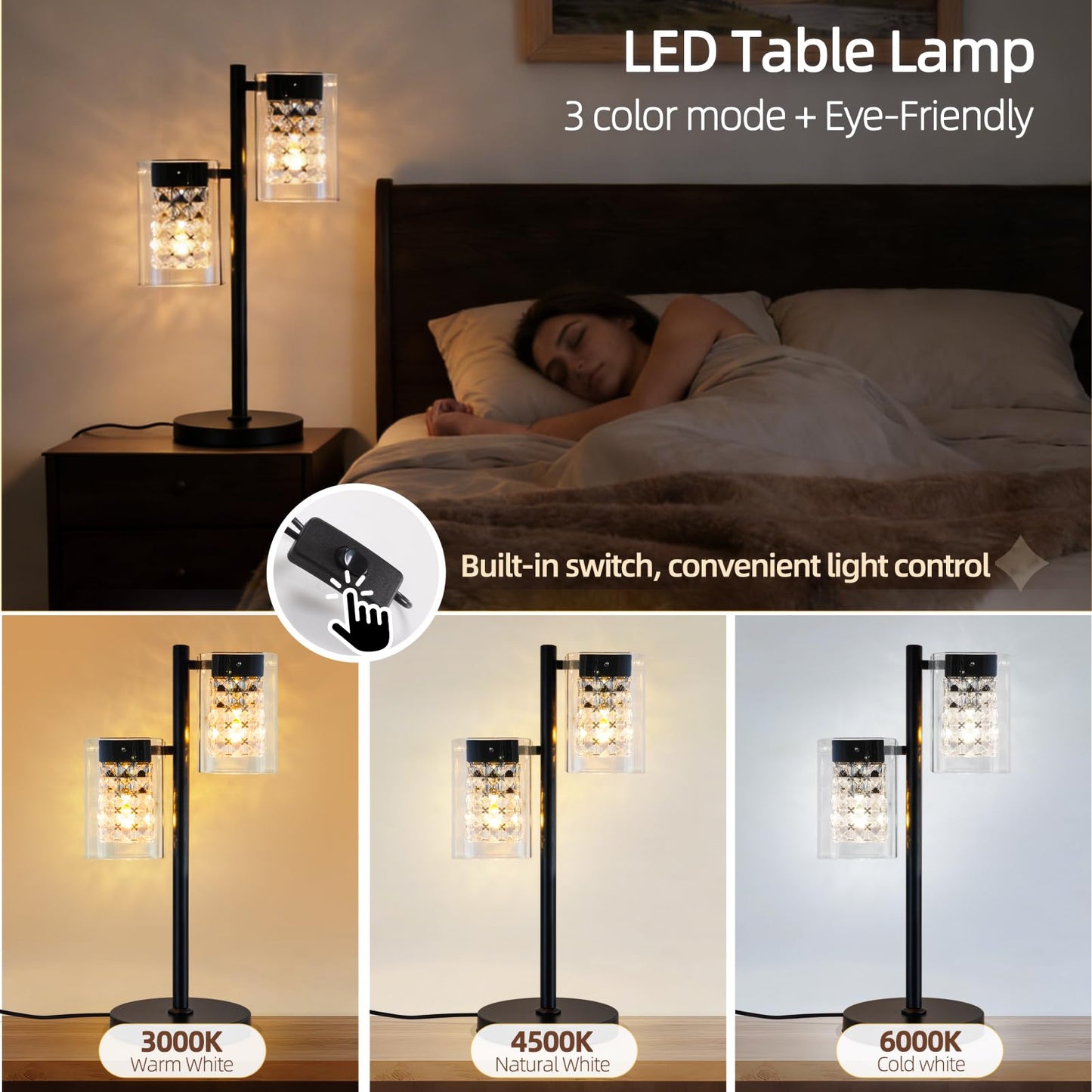 TYhogar Crystal Table lamp-Modern Black Lamps for Living Room,Plug in Bedside Lamps with Switch,Elegant Desk lamp for Room Decor,Bedroom,Dining Room,23" Tall