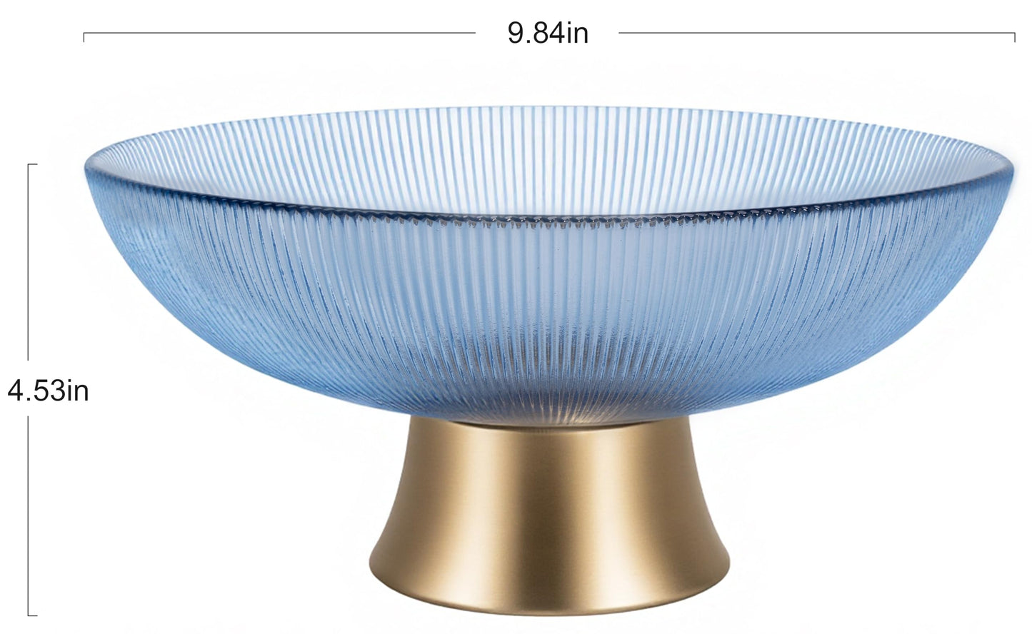 Round Glass Decorative Bowl (Blue), 9.8 Inches Handblown Striped Design Glass Bowl with Rust Resistant Metal Base,Decor Fruit Bowl for Home Decor,Table Centerpiece,Kitchen Island and Dining Decor