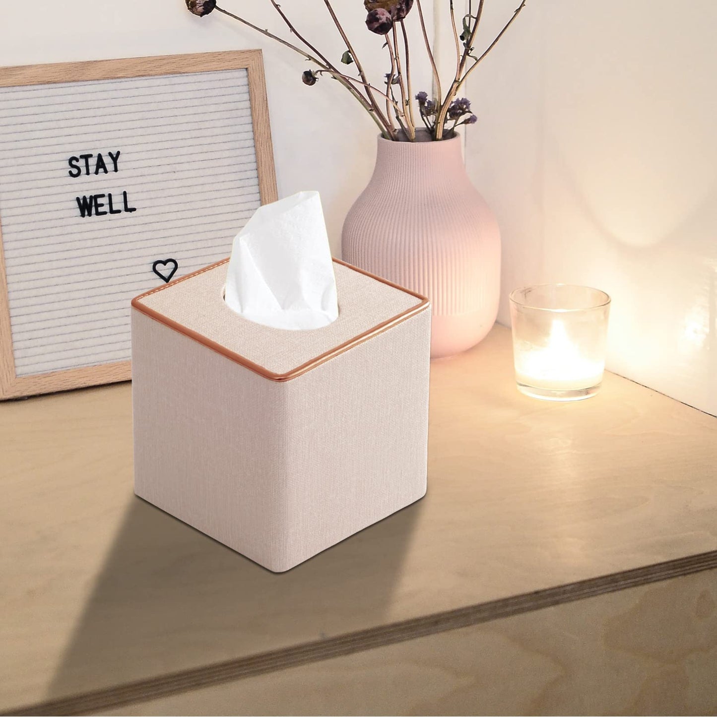RHCSZ Linen Square Tissue Box Cover,Cube Tissue Box Holder－Excellent Rosegold Leather Decoration,Table Napkin Case Dispenser,Facial Tissues Organizer with Magnetic Bottom for Home Office Car(Beige)
