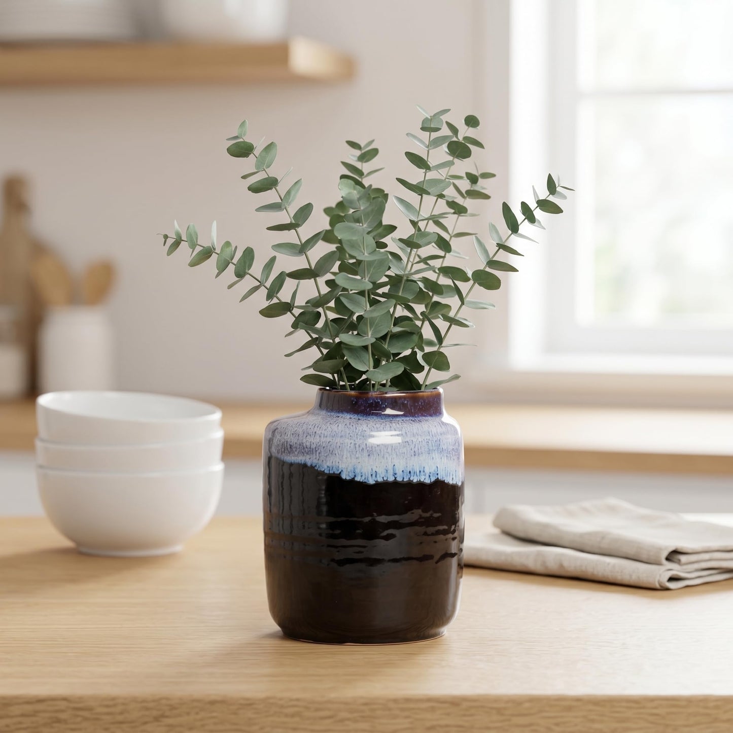 Wancetang Black and Blue Vase - 7 Inch Modern Ceramic Vase for Decor Pottery Decorative Flower Vases for Home Decor Table Living Room Bathroom Shelf Mantel Decoration