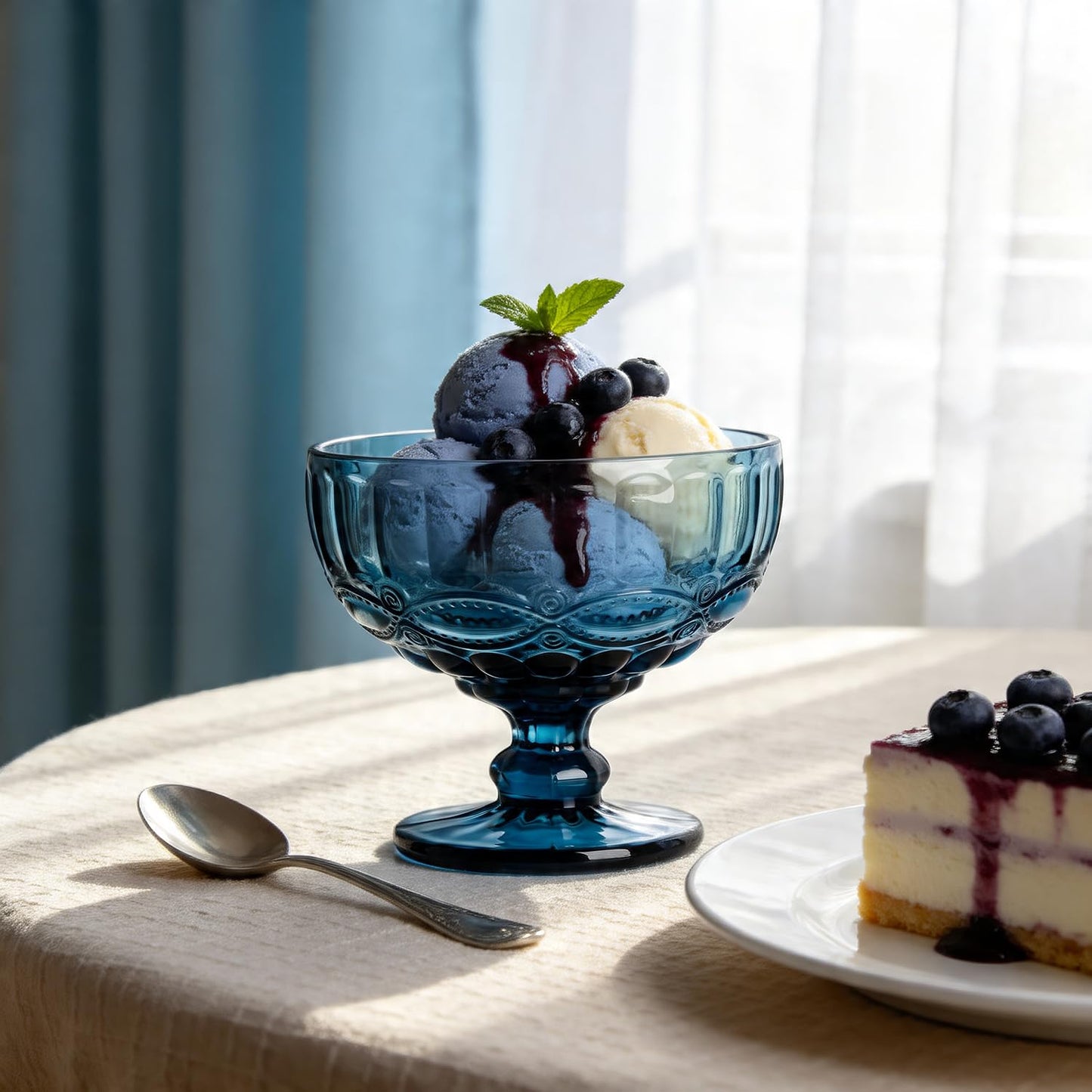 Gaolinci Vintage Line Embossed Glass Footed Dessert Bowl Ice Cream Bowl Trifle Bowl Salad Bowl Candy Cake Bowl for Home Party Wedding, 12 Oz