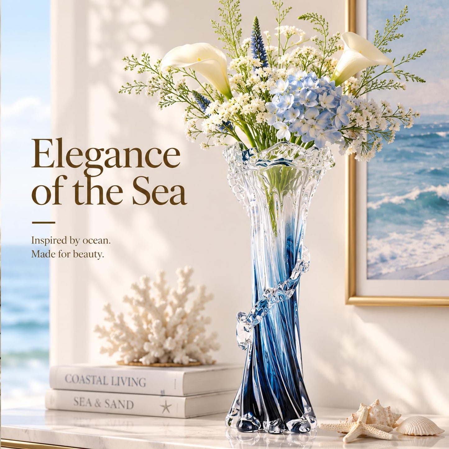12" H Blue Blown Glass Vase, Modern Art Hand Blown Coastal Vase,Beautiful Unique Ocean Wave Centerpieces for Living Room, Bedroom, Office Desktop,Coffee Table and Wedding Decorative (L)