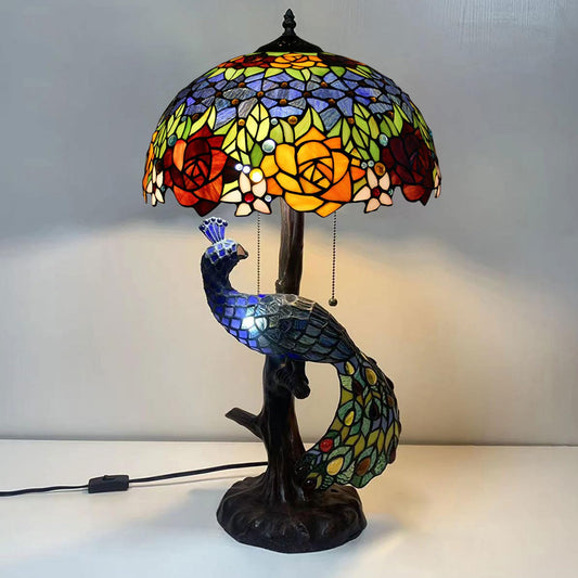 errzom Peacock & Rose Tiffany Style Stained Glass Table Lamp, Vintage Handmade Decorative Desk Lamp Pull Cord Switch Reading Lamp for Living Room Wedding Room Office Villa,Blue