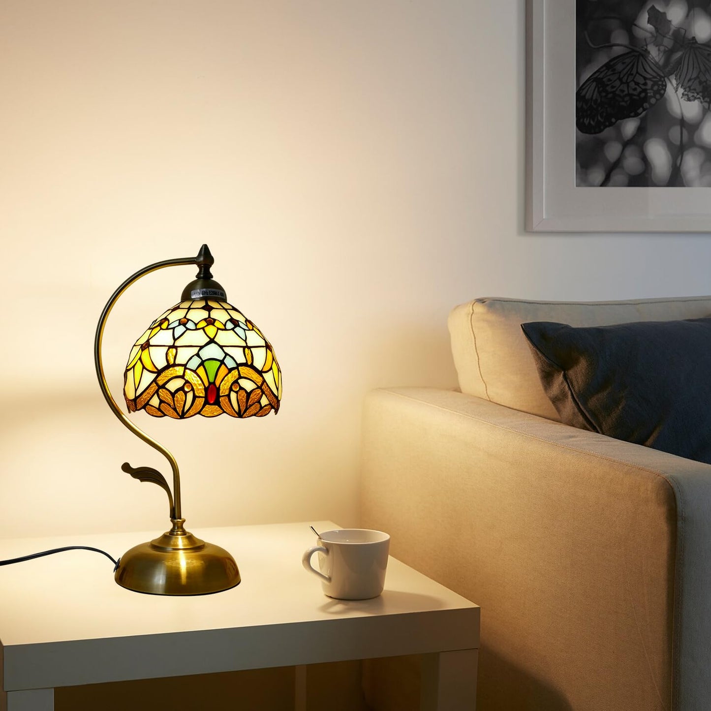 VirtueKing Tiffany Lamp Stained Glass Table Lamp Beige Baroque Style Desk Light with Metal Leaf Iron Base 8" Wide 17" Tall for Small Space Bedroom Home Office Decor