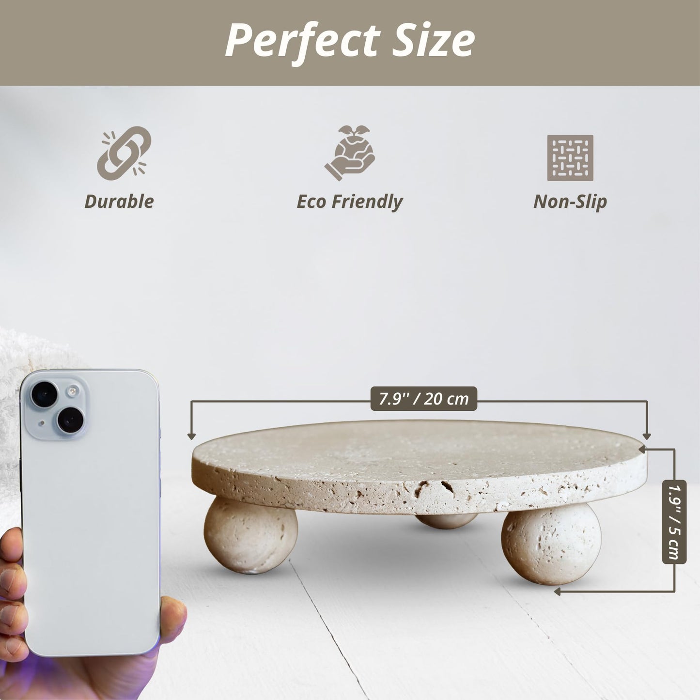 100% Natural Travertine Footed Tray – Round Stone Display Pedestal Stand Riser with 3 Ball Legs, Neutral Decorative Catchall for Vanity, Kitchen, Bathroom, Living Room, Soap, Perfume, Candle, 7.9''