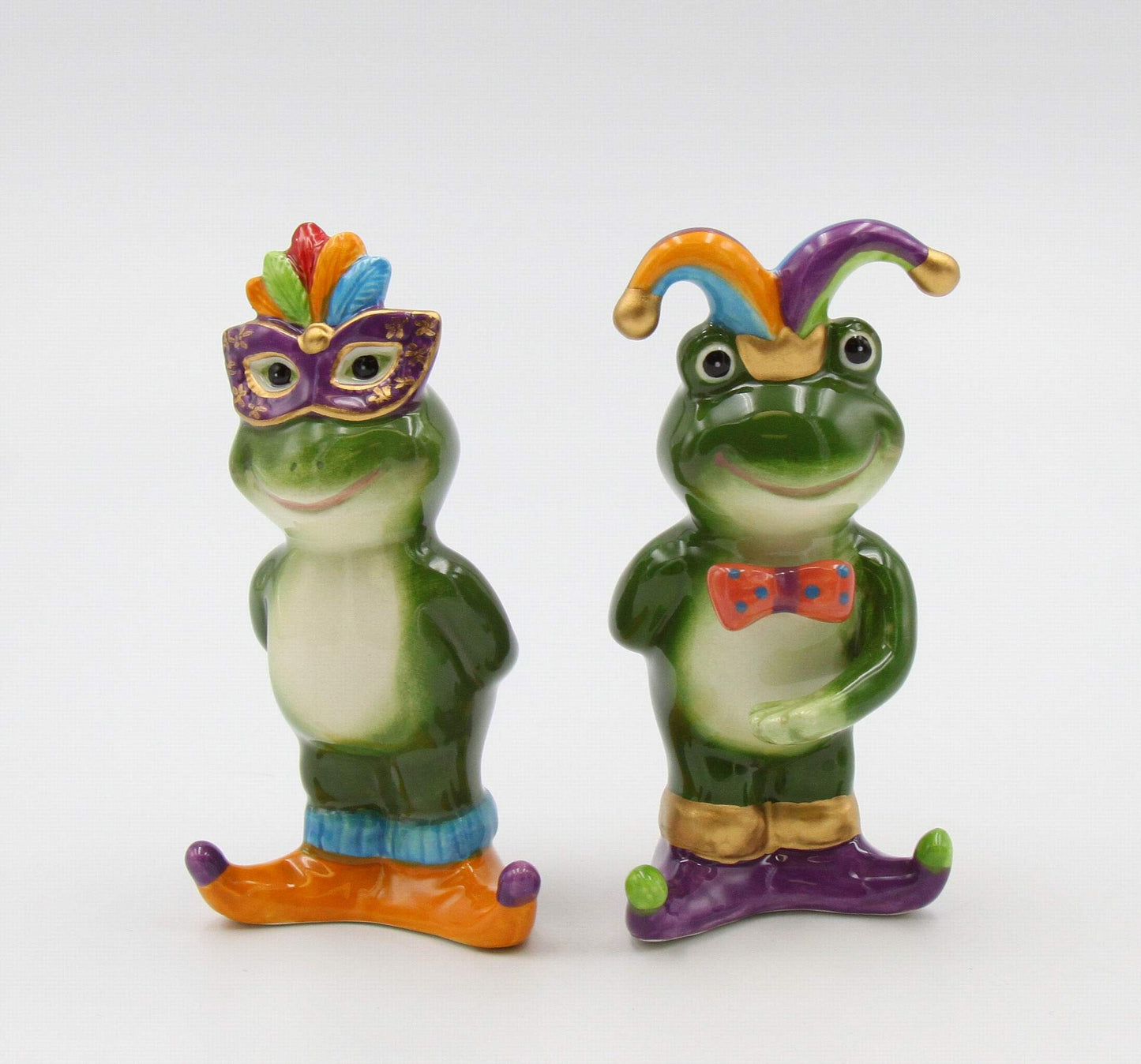 Fine Ceramic Mardi Gras Costume Frogs Couple Salt & Pepper Shakers Set, 4-7/8" H
