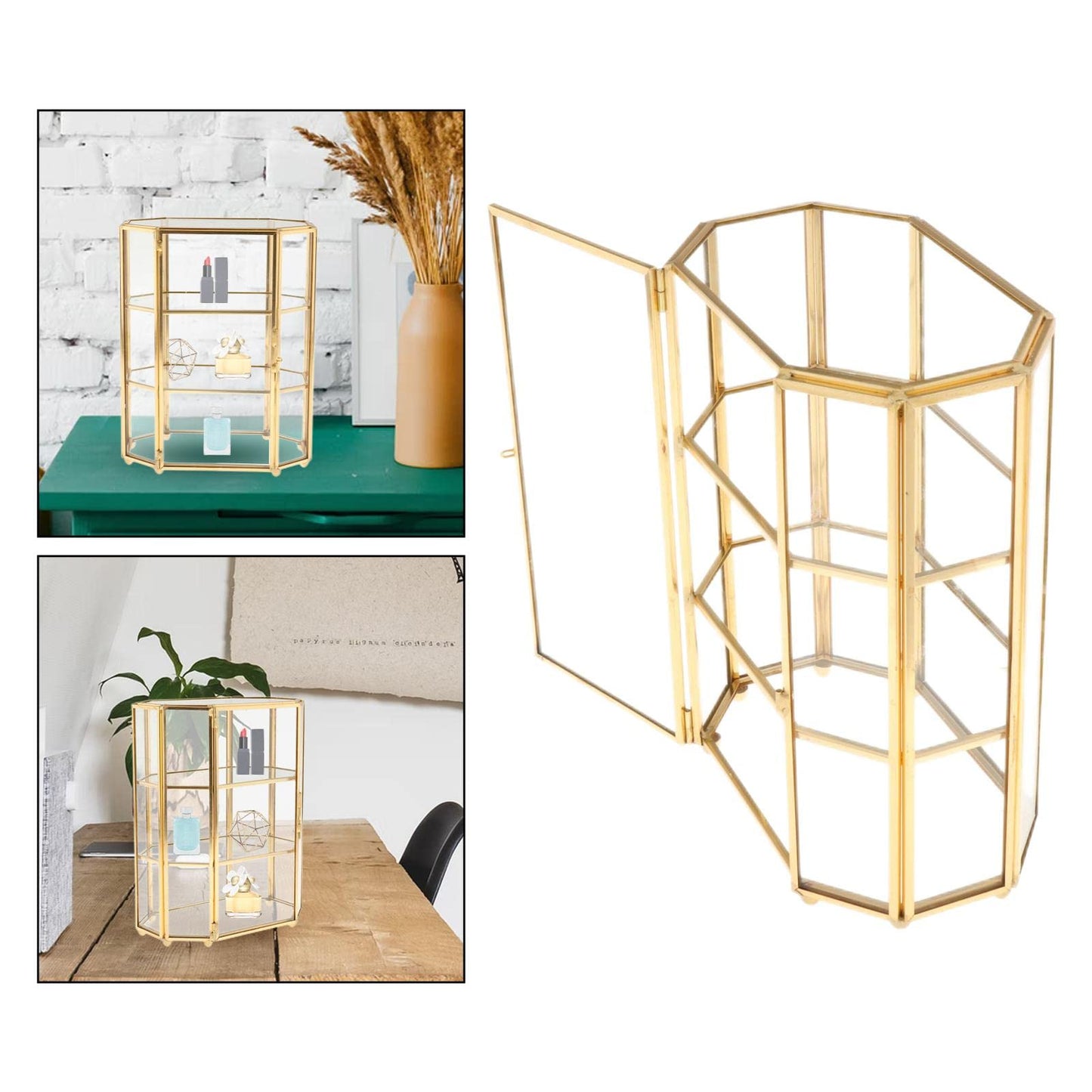 Three polygonal glass tiers keep rings, earrings, and necklaces separated without tangling. Holds 15–20 daily-wear pieces and shows everything at a glance