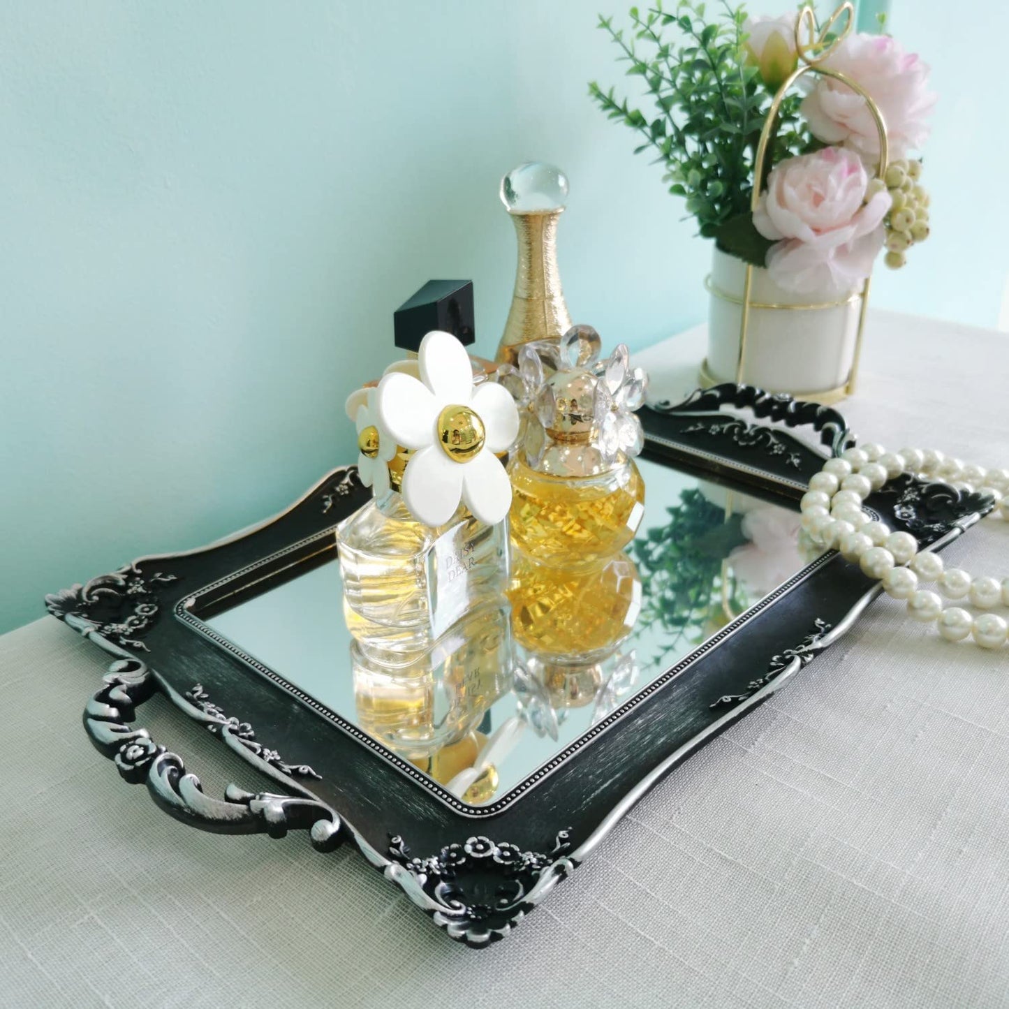 Yamfurga Rectangle Decorative Mirror Tray, French Style, Makeup Organizer, Jewelry Organizer, Serving Tray, 9.5"x 14.9", Silver Black