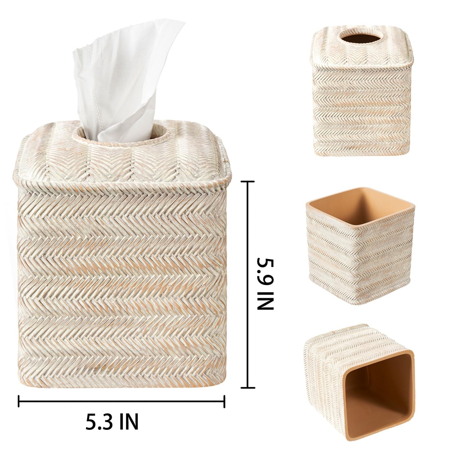 Tissue Box Cover Square Resin Tissue Holder for Home Decor,Hand Carved Wicker Tissue Box Holder,5.3 x 5.3 x 5.9 inches, Farmhouse White