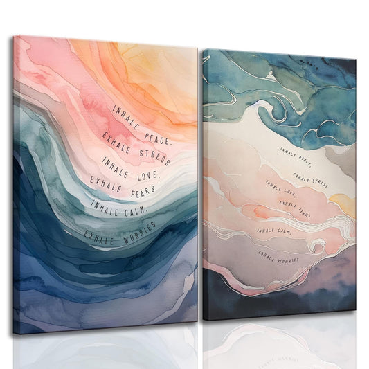 2Pcs framed Mental Health Poster Inhale Exhale Meditation Vintage Abstract Watercolor Canvas Prints Wall Art for Therapy Office Calming Corner Wall Decor 16x24 in