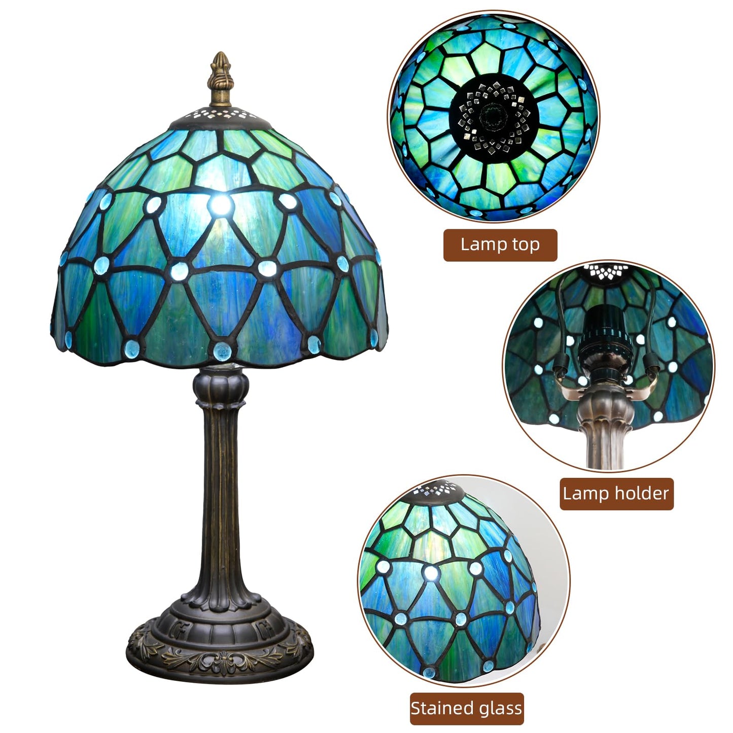 KIPHEPI Tiffany Lamp Stained Glass Table Lamp 8X8X14 Inches Sea Blue Style Living Room Bedroom Dorm Kitchen Home Decor Festival Birthday Gift