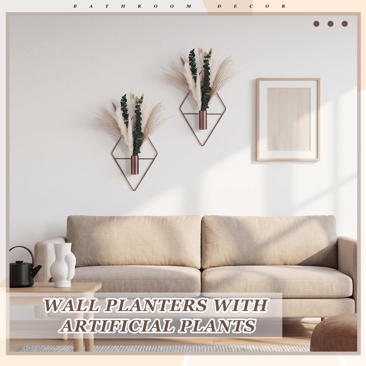 Canlierr 4 Pcs Bronze Wall Decor Hanging Planters with Artificial Plants Eucalyptus Pampas Grass Metal Hanging Vase Indoor Plants Holder Modern Boho Wall Art for Bathroom Bedroom Living Room Decor