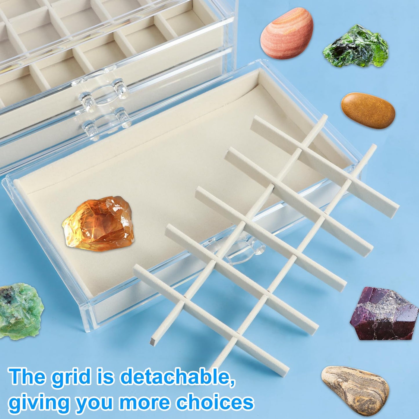 54 Grid Rock Collection Display Case for Kids, 3-Layer Acrylic Mineral & Crystal Storage Box, Velvet Gemstone Organizer Showcase, Ideal Geology Gift for Boys & Girls