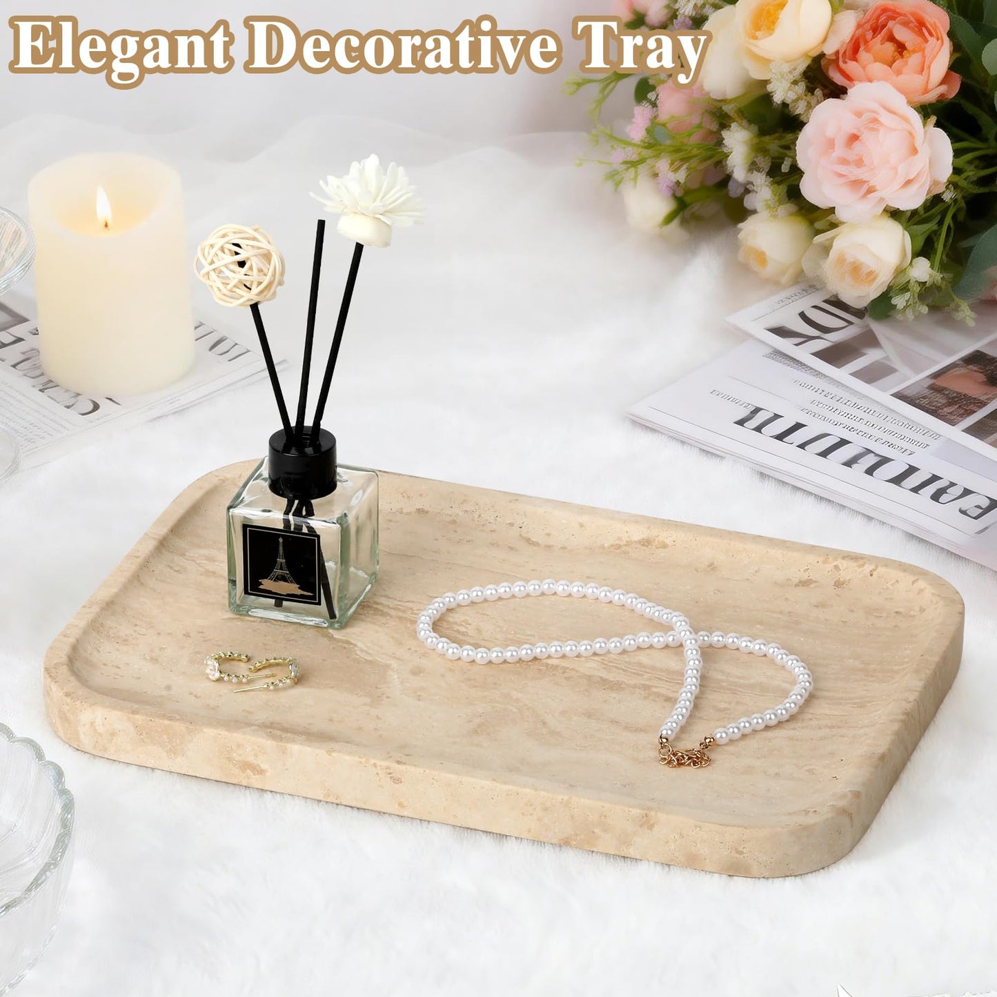 Moujings Natural Travertine Vanity Tray - Decorative Stone Marble Tray for Bathroom Countertop, Elegant Organizer for Home Decor, Jewelry, Candle, Makeup, Kitchen and Dresser Decor