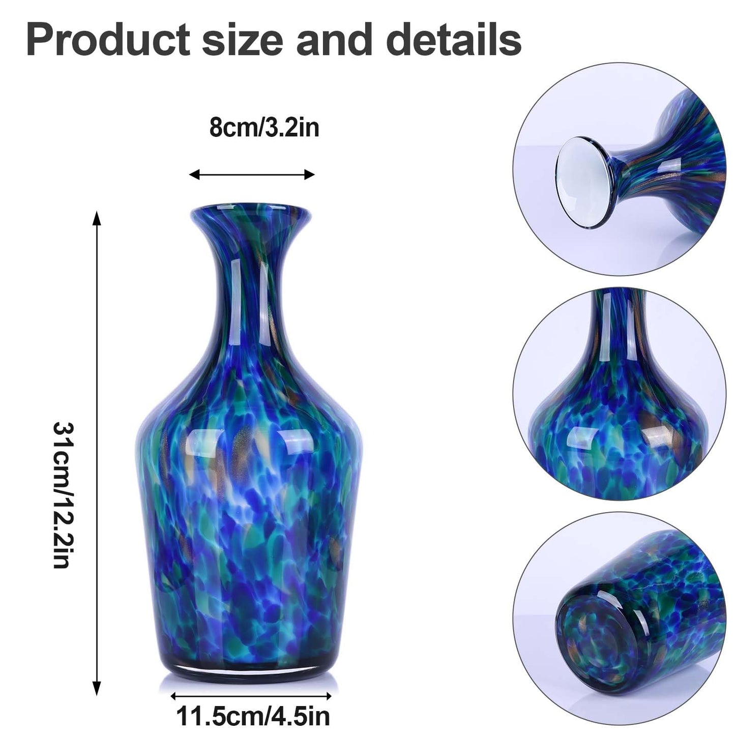 Hand Blown Glass Vase Teal Mosaic (Blue Green Splash) – Murano Inspired Art Glass Vase with Wide Mouth for Flowers, Bubble Vase, Coastal Centerpiece for Dining Room or Living Room (Blue)
