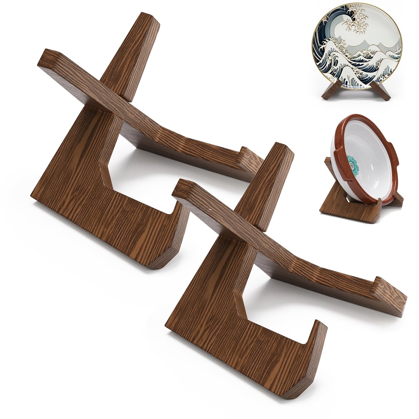 2Pack Large Bowl Stands for Display 12 Inch Heavy Duty, Extra Wide Wooden Plate Stand Deep, Wood Bowl Holders for Displaying, Decorative Platter Easel Holder for Pie, Pottery,Bowls,Dish,Easels,Picture