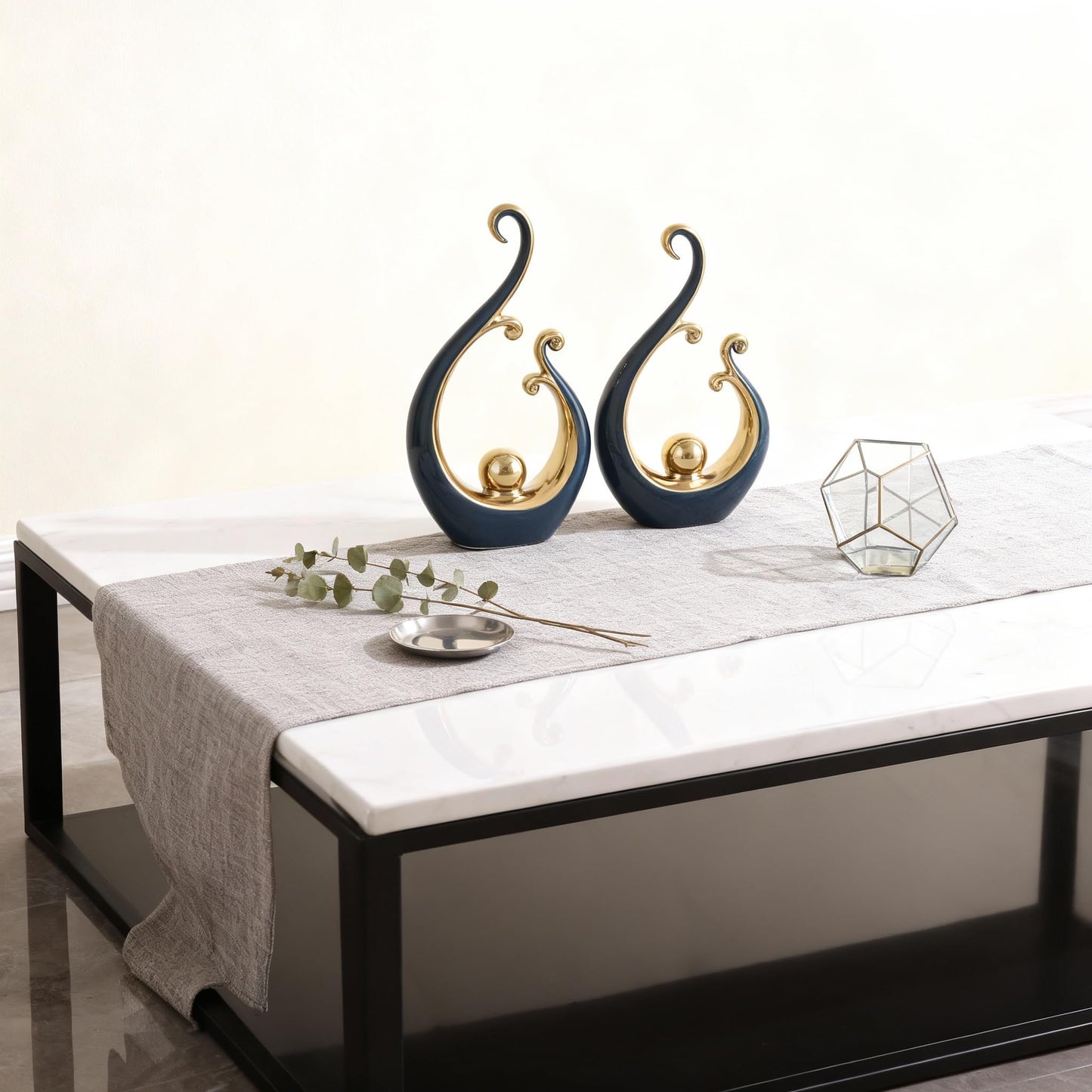 DOVDOV Blue and Gold Home Decor, Abstract Ceramic 2-Piece Sculpture Set, Modern mid-Century Art Statues, Perfect for Accent Tables, countertops, Coffee Tables, and entryway Decor.