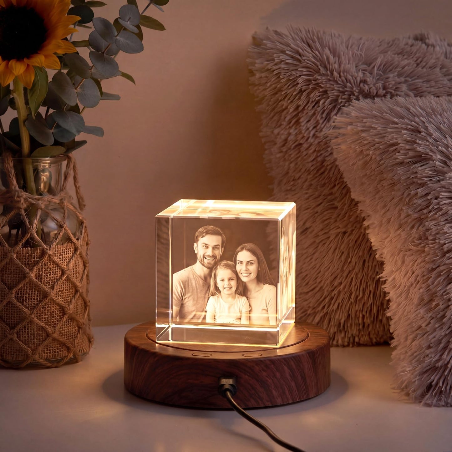Woanger 4.5 Inch Rotating Display Stand LED Motorized Turntable Base with 360° Rotation Lighted Base for Glass Art Wood Grain for Crystal Jewelry Display USB & Battery Powered