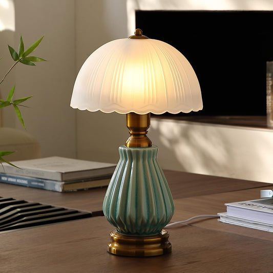 Glivpny Vintage Table Lamp for Living Room,16" Mid Century Modern Ceramic Lamps for Bedroom,Retro Bedside Nightstand Mushroom Glass Lamps, Classic Chinoiserie Green Lamp for Home Decor (LD004)
