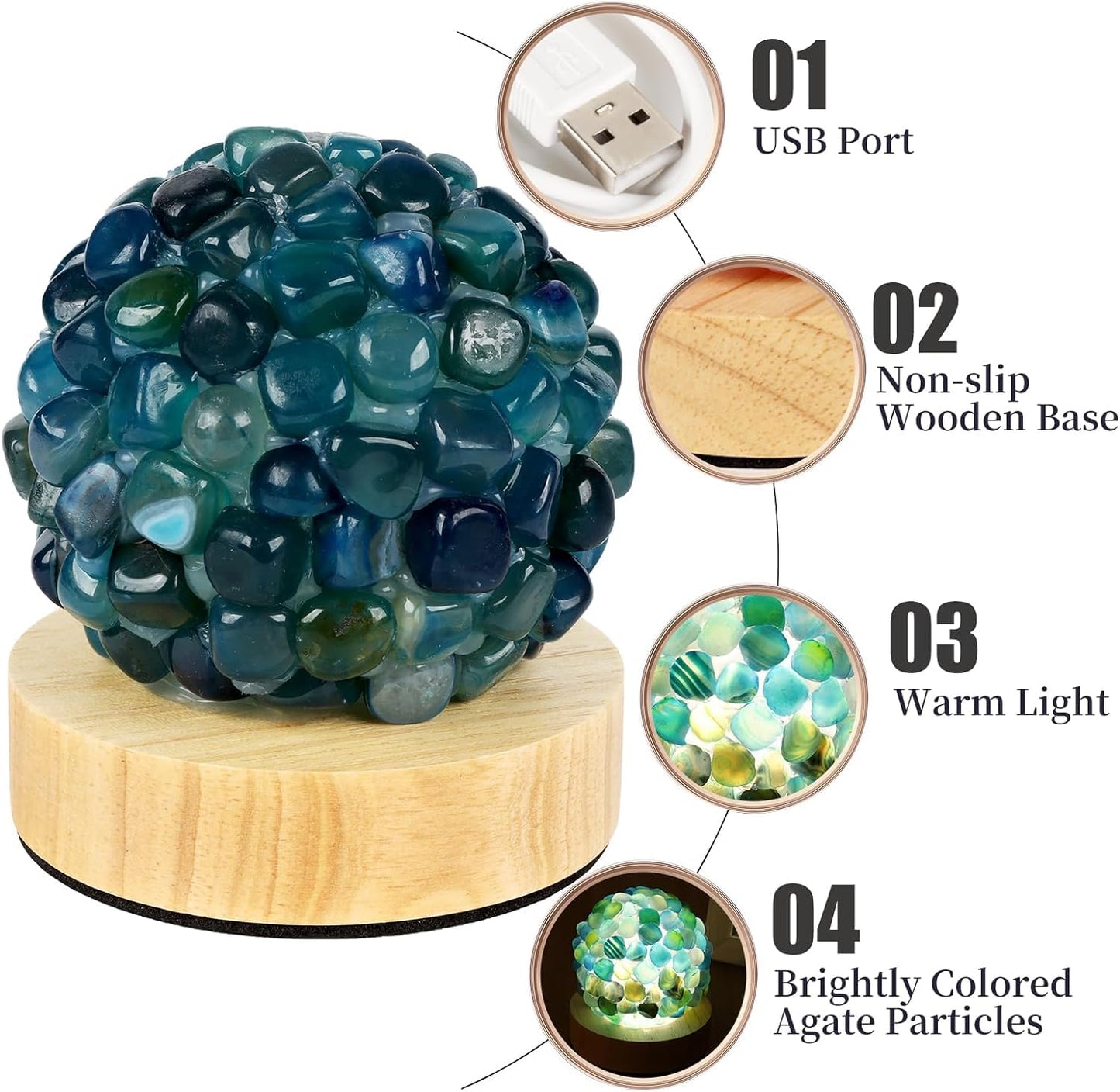 Nizrsky Blue Agate Lamp,Healing Crystals Night Light with Wooden Baseor for Yoga Balance, Reiki Healing, Meditation,Small Tiffany Ball Table Lamp for Bedroom Living Room
