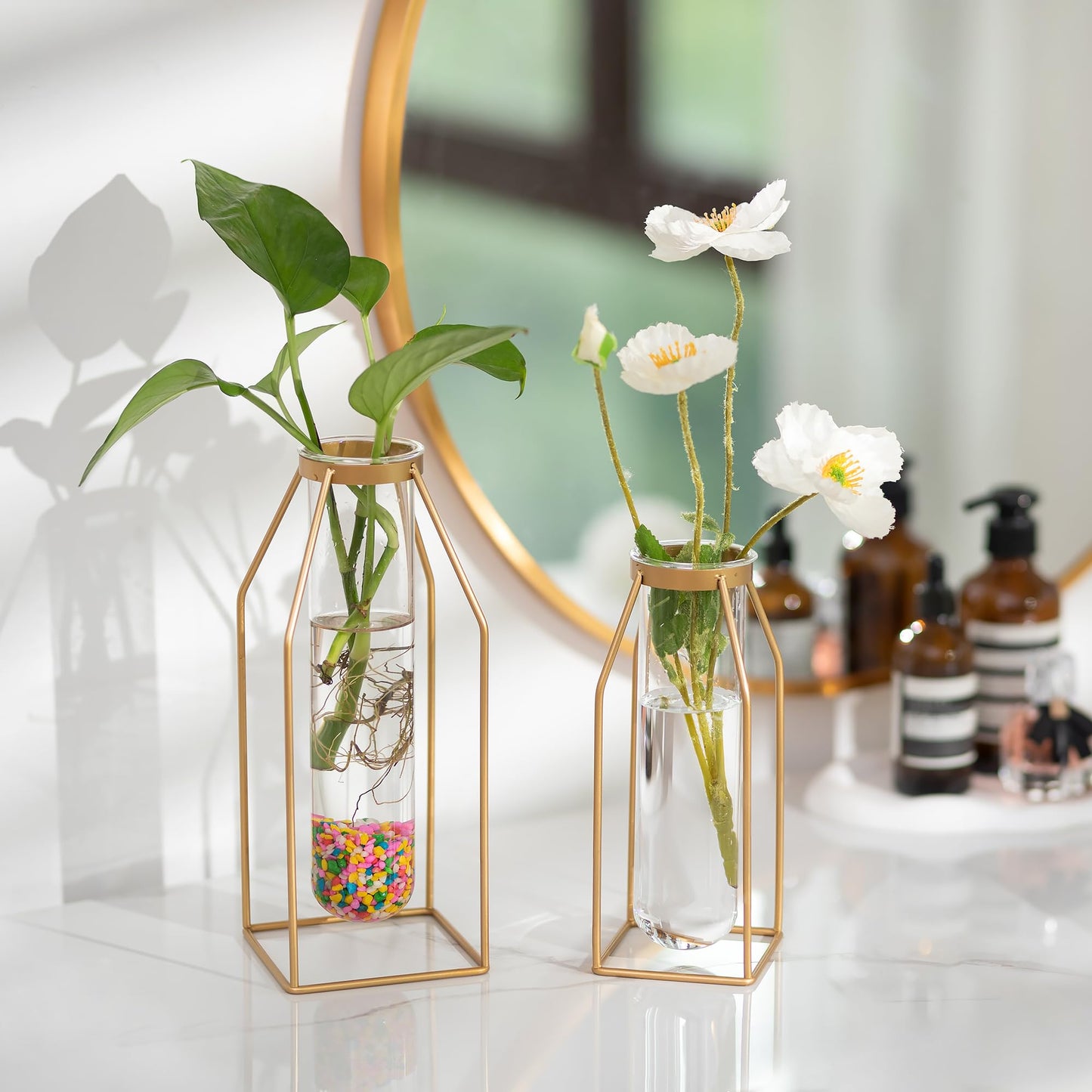 Sziqiqi Metal Flower Vase Table Decor - Gold Frame Vase with Glass Test Tubes 8"/10" Modern Bud Vase for Coffee Table Living Room Abstract Geometric Art Vase for Rose Hydroponic Plant Pampas