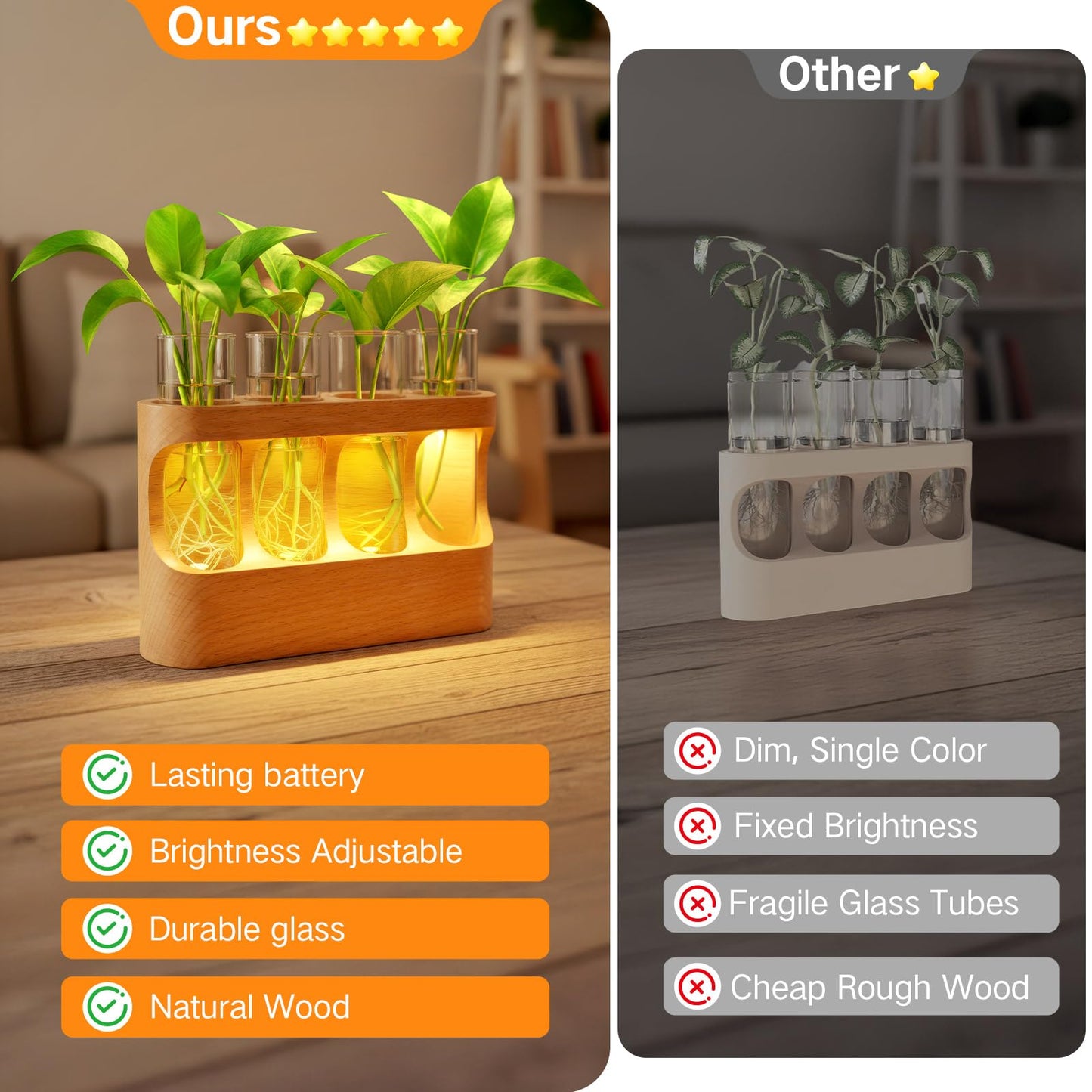 OUTON Rechargeable Plant Propagation Station with LED Light, Wooden Propagation Vase Set with Glass Tubes, Lighted Plant Terrarium for Indoor Plant Cuttings, Gift for Plant Lovers