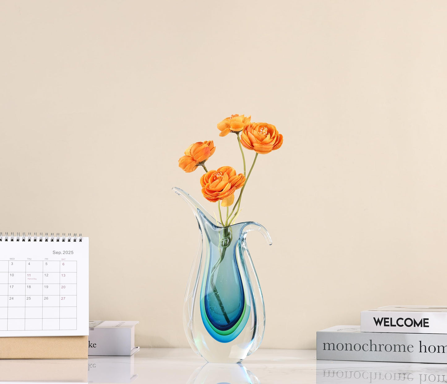 Blown Glass vase, Unique Murano Style Glass Art Deco vase for Living Room TV Stand, Table Setting, Office, Room and Desktop Decorations and Ornaments.