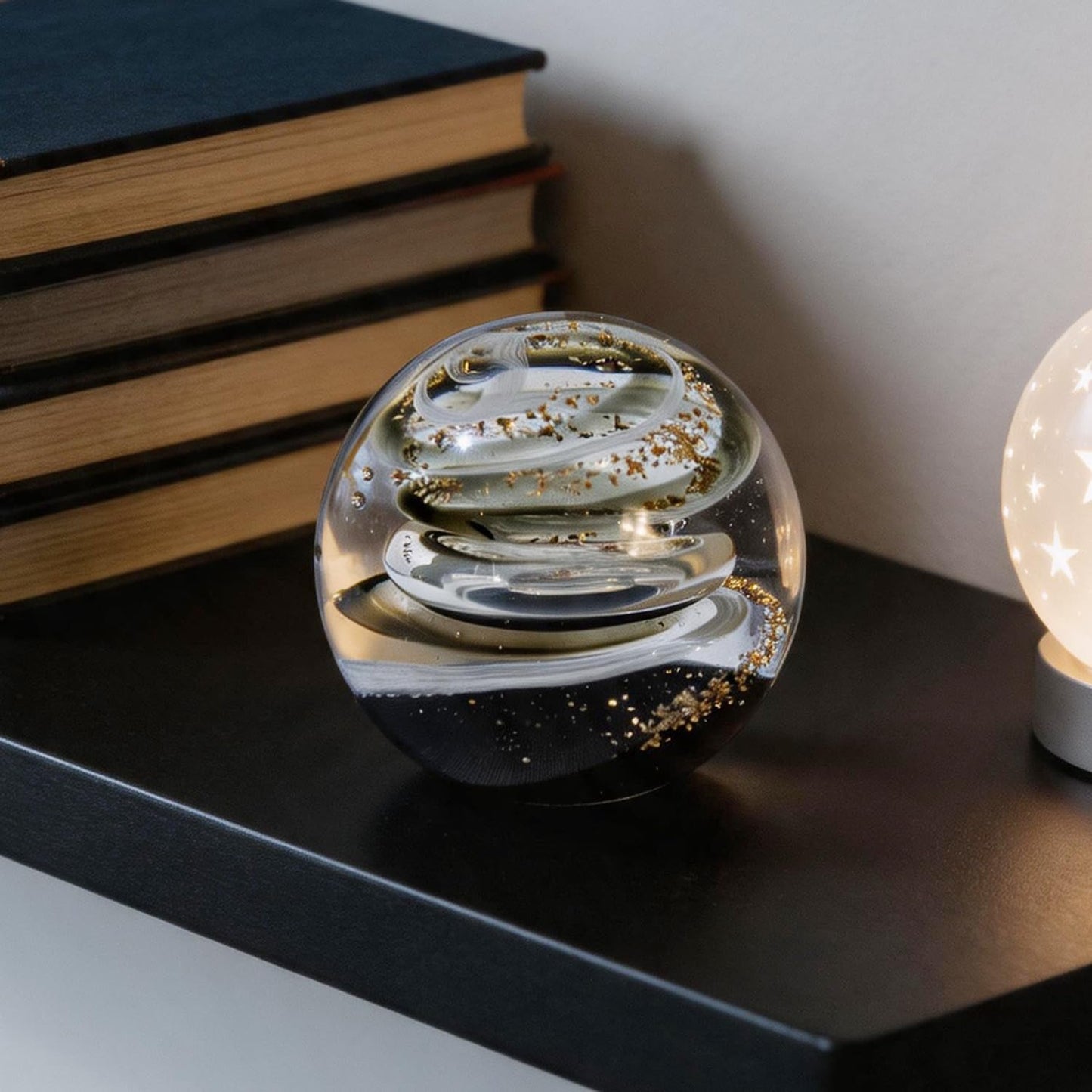 KWASVLYA Hand Blown Galaxy Crystal Ball Paperweight – Black Gold Art Crystal Decorative Sphere for Office Desk Decor, Unique Gift for Men & Space Lovers