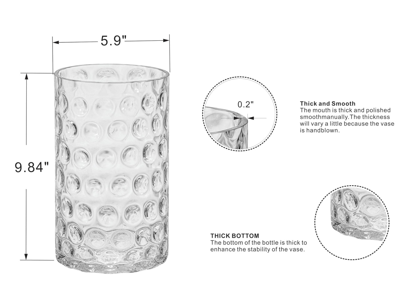 6" Wide 10" High Decorative Glass Cylinder Vase with Dimpled Circle Pattern, 8 Inch Tall, Clear (1, 6"x10")
