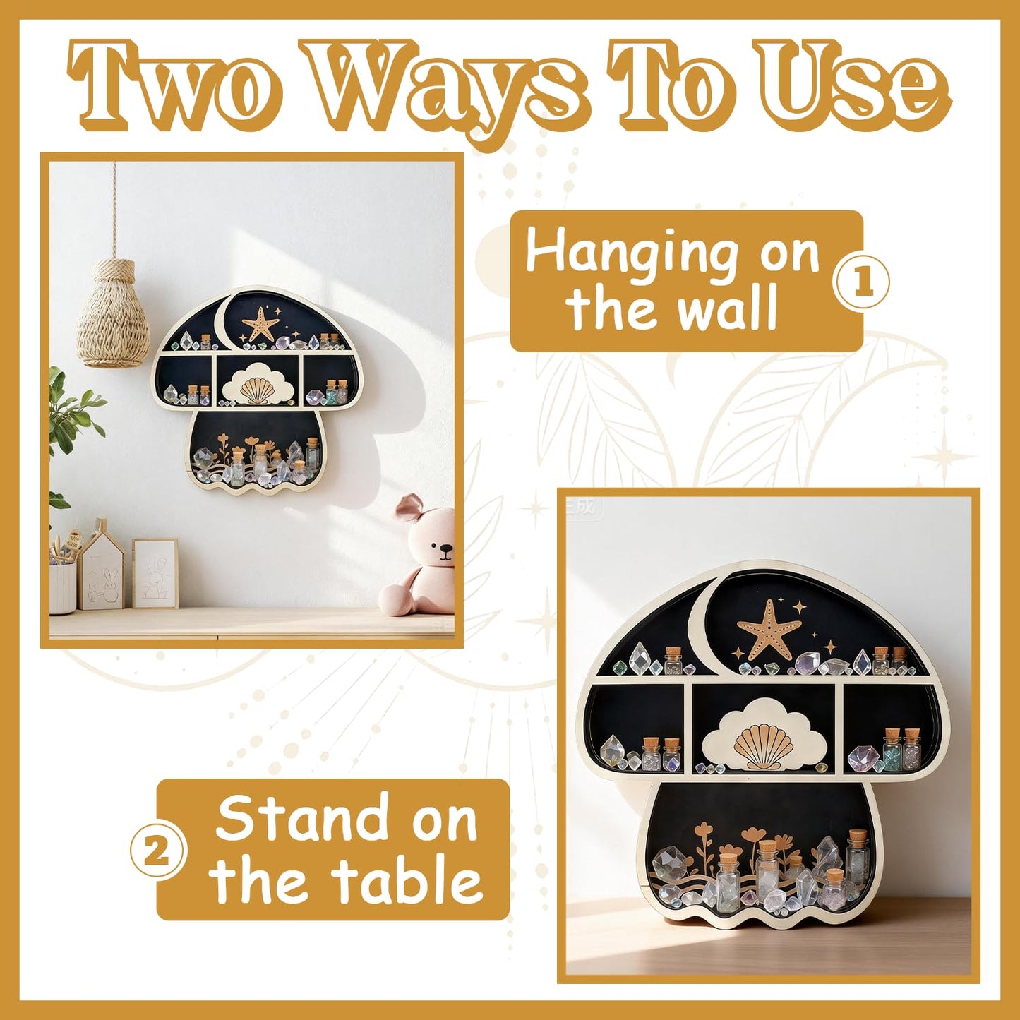 Zetosva Mushroom Decor Crystal Display, Floating Shelves & Crystal Holder, Cute Mushroom Wall Decor and Trinket Shelf, Rock Gem Stone Display Case, for Quirky Home Decor, Gifts for Mushroom Lovers