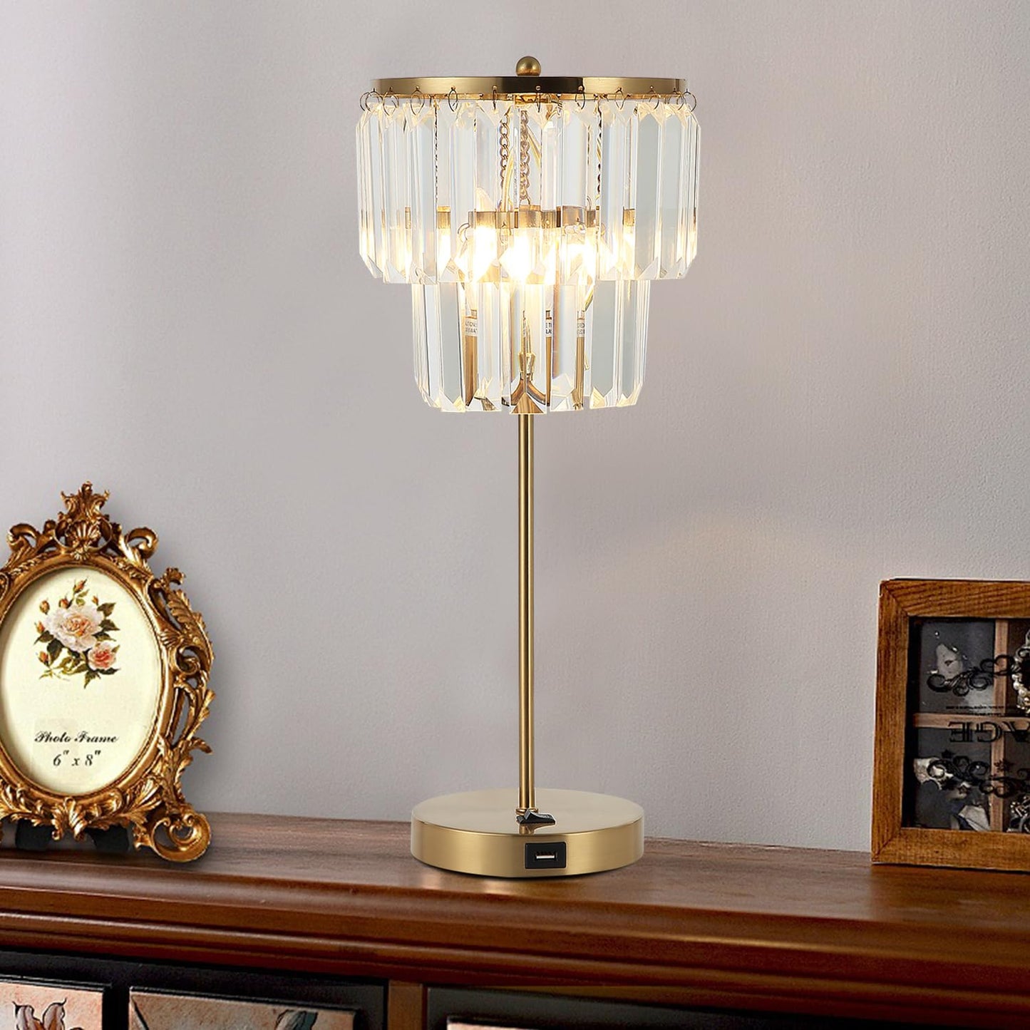 Bedside Lamp for Bedroom, Gold Crystal Table Lamp 18 Inches, Tiffany Clear Crystal Drops, USB Charging Port, E12 Socket, 6W LED Bulb Included, Golden Decorative Desk Light(1 Pack, Brass Finish)