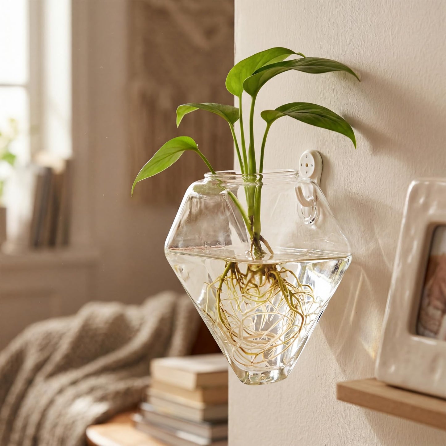 Yungyan 6 Pack Wall Mounted Glass Planter Borosilicate Glass Diamond Hanging Vase with Hidden Invisible Hook Hydroponic Plant Propagation Station Clear Wall Planter for Home Bathroom Office Decor