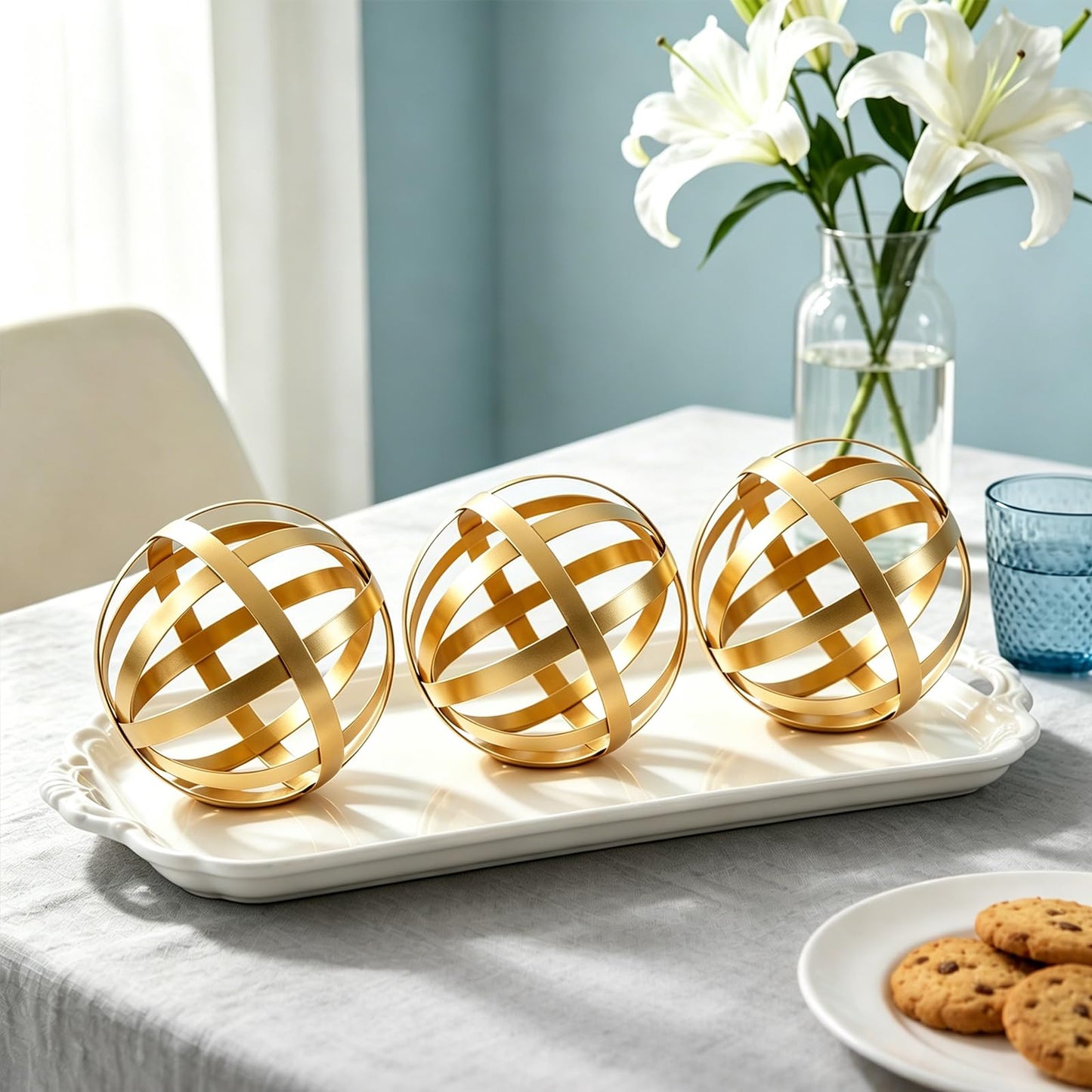 YIYA Gold Decorative Sphere Set of 3 - Metal Ball Decoration - Gold Decor for Shelves - Metal Ball Table Decor for Living Room Bedroom Kitchen Office Coffee Table Desk