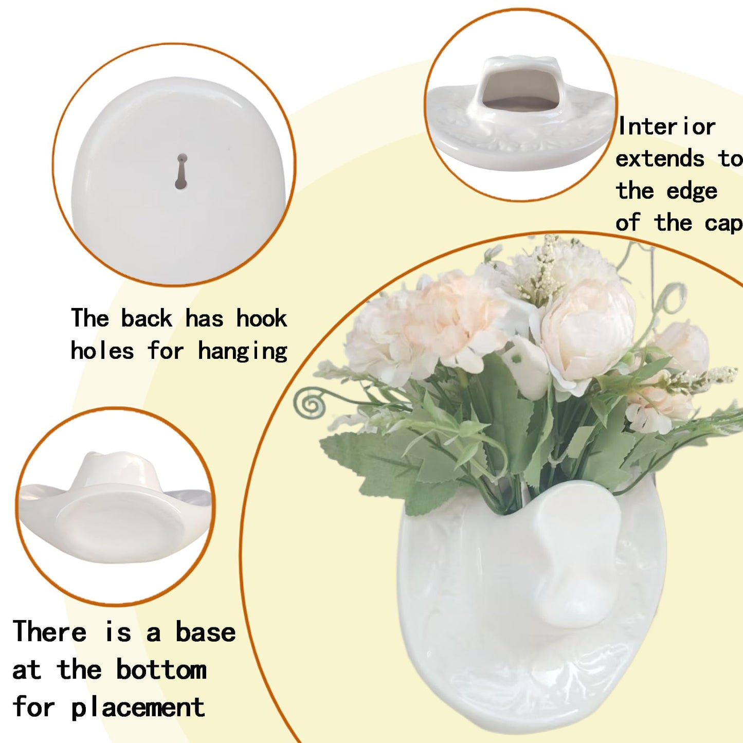 XMMEIMK Vase White Hanging Vase, Ceramic Cowboy Hat Wall Plant Holder, Unique Modern 3D Wall Art Decoration