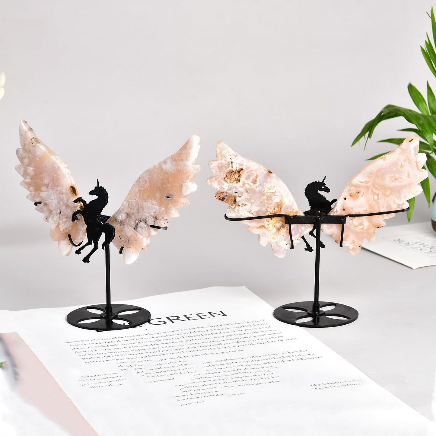 JIC Gem Large Sakura Agate Quartz Crystal Carved Wings with Unicorn Stand Healing Crystal Energy Gemstone Decoration Gifts(1pair)
