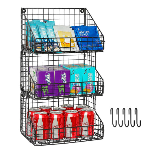 X-cosrack 3-Tier Stackable Detachable Snack Organizer (Large Size), Countertop Display/Wall Mounted Shelf with 5 Hooks Wire Basket Snack Shelf for Office Cabinets, Kitchen, Pantry, 11.8x7.8x22 Inch