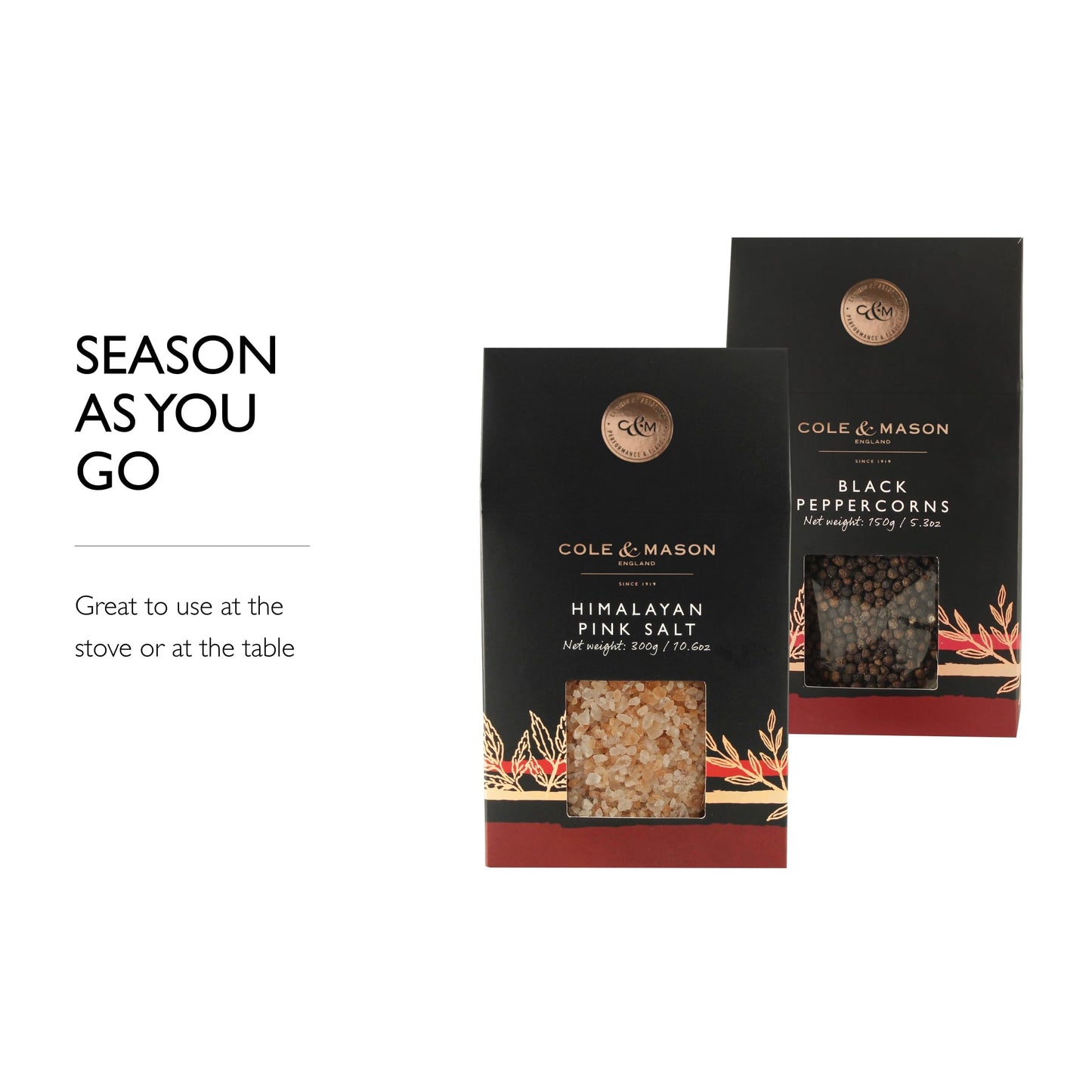 Cole & Mason Gourmet Spice Refill Box - Pairs Well with Chicken, Beef, Pork & More - Peppercorn Refill for Salt & Pepper Mill Grinder - Himalayan Pink Salt & Black Pepper 15.9 Oz Box Set