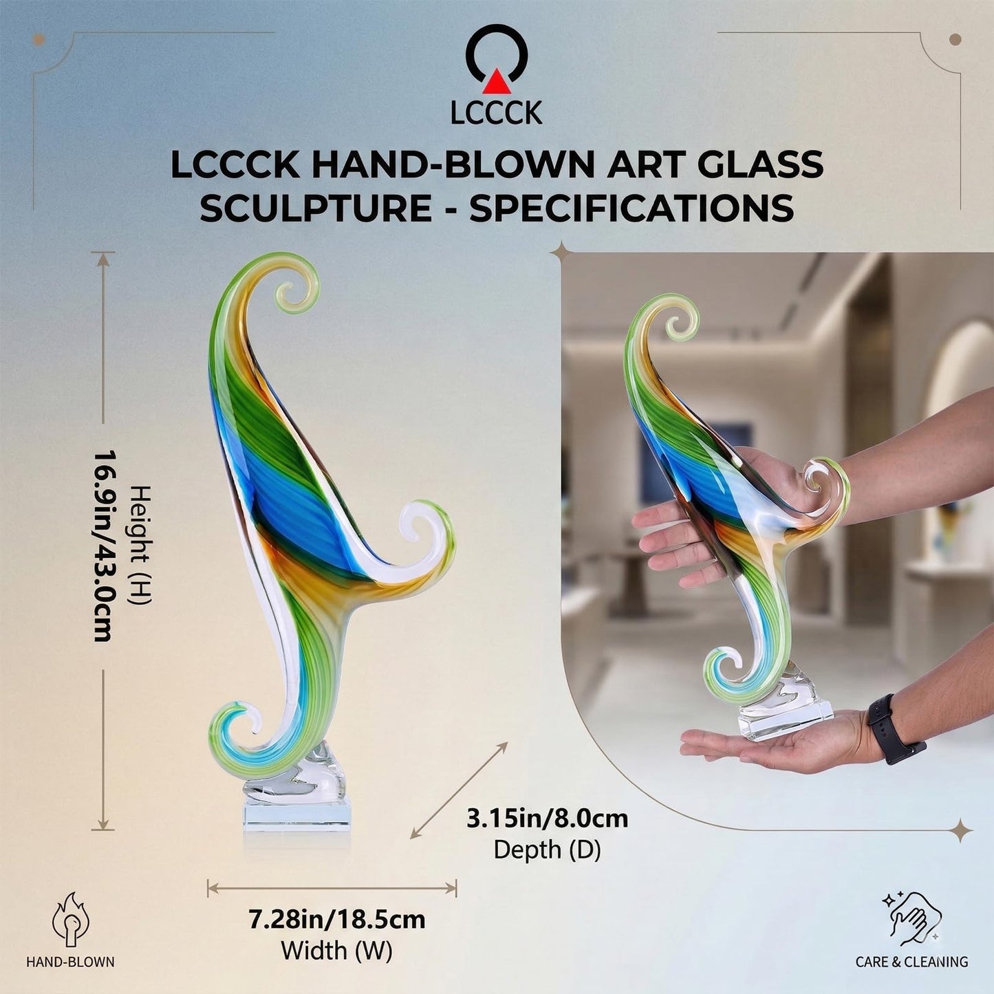 LCCCK 16.9in Tall Glass Wave Sculpture Hand Blown Art Figurine Abstract Twist Statue for Home Decor Living Room Shelf Mantel Tabletop Display Glass Sculptures Decorative Accent Piece