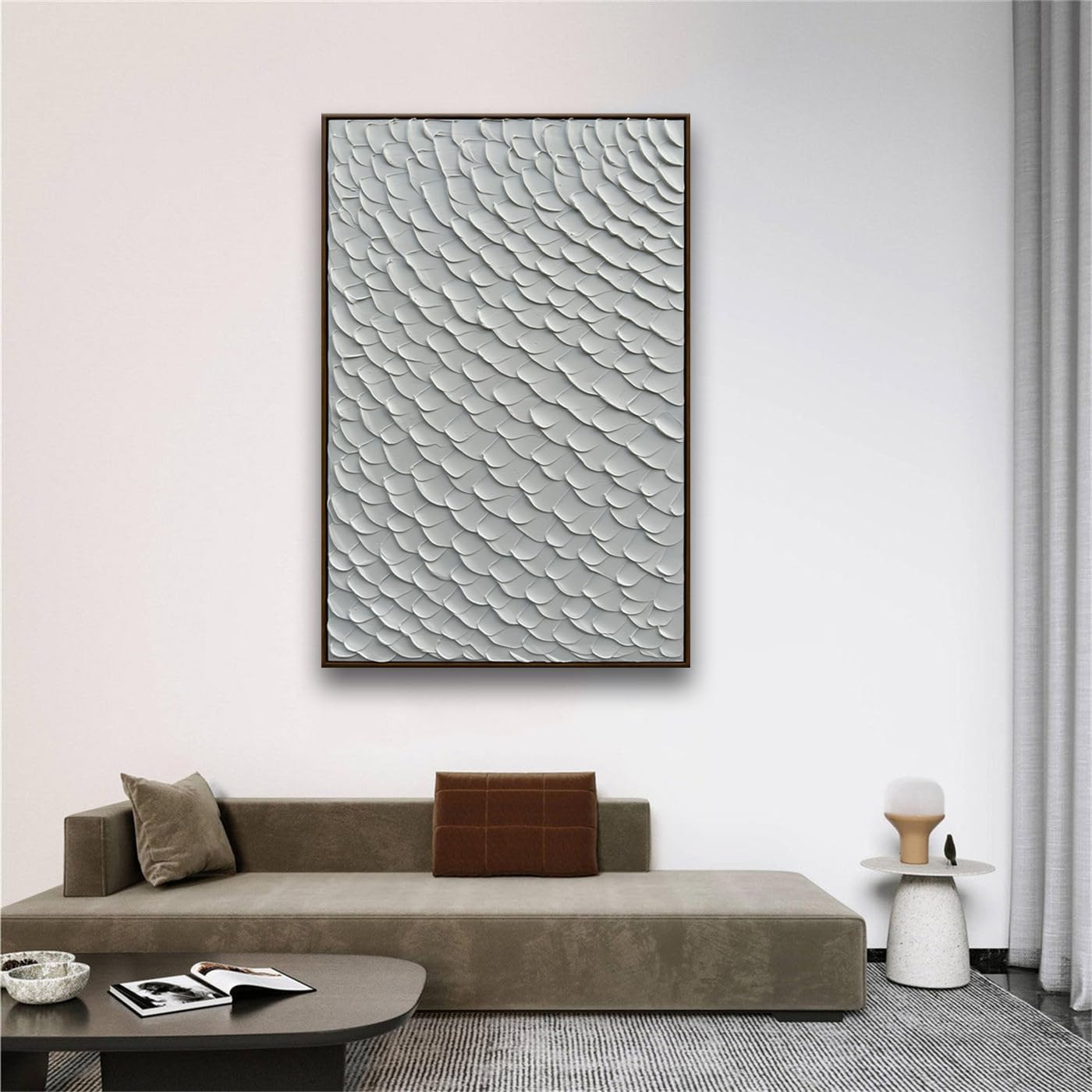 Slyart White Textured Wall Art, Handmade Mermaid Painting Framed Artwork, 3D Vertical Canvas Abstract White Wall Art 24"*36"