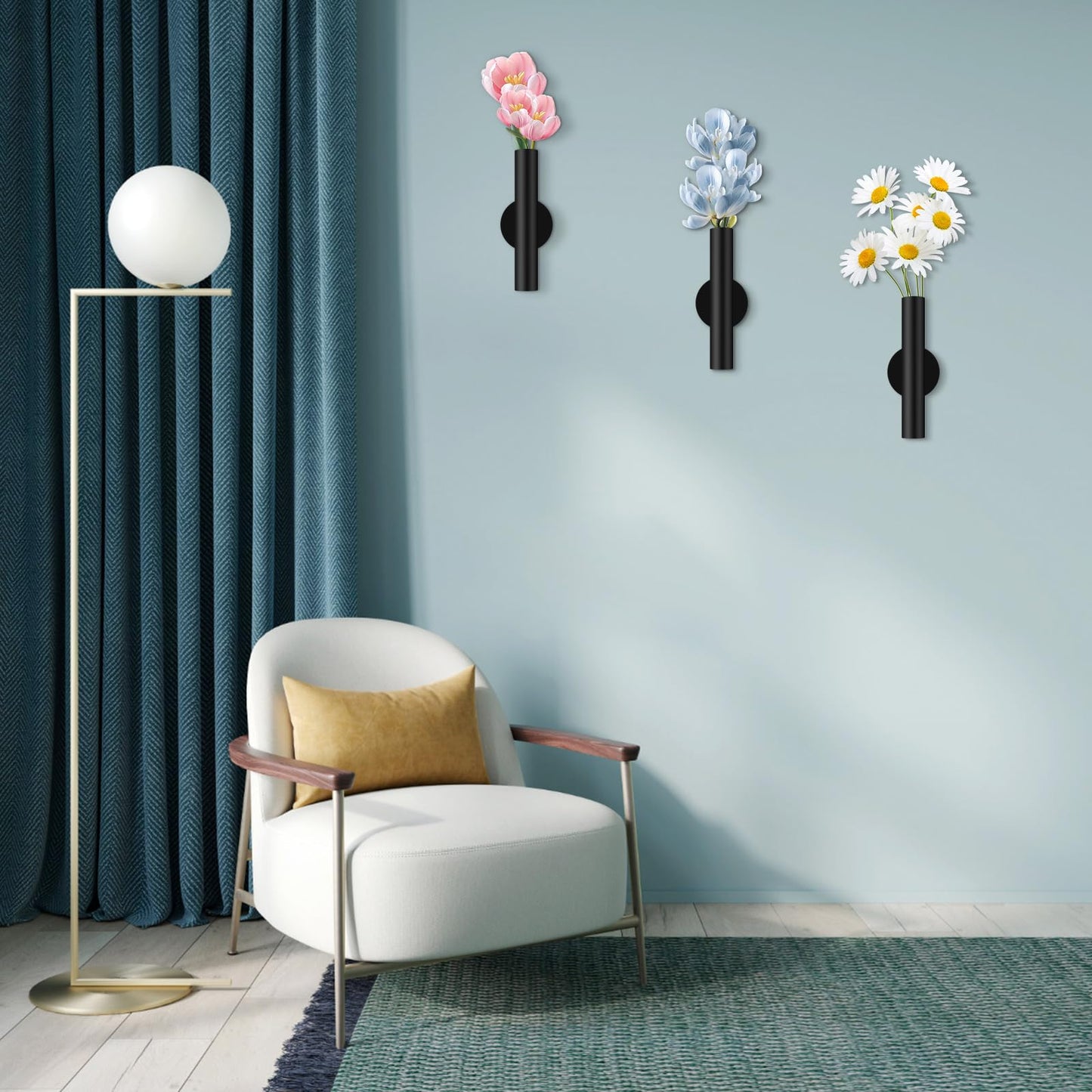 3 Pcs Wall Mounted Vases Wall Vases for Decor Dried Flower Wall Decor Flower Wall Sconce Black Metal Flower Vase with Sticker for Home Office Flower Display Decoration (Black)