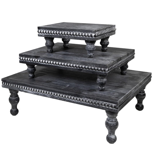 MAONAME Wood Display Risers Decorative Tray Set of 3, Farmhouse Pedestal Stand for Display Home Decor, Vintage Black Beaded Wooden Tray for Kitchen Counter, Short and Tall Footed