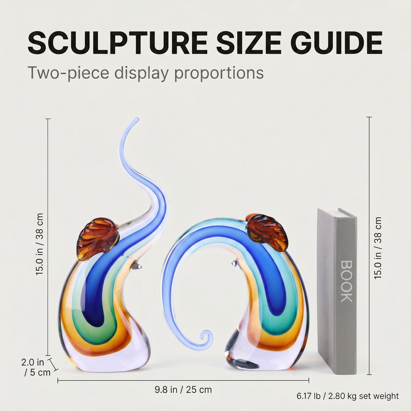 suruim Hand Blown Murano Glass Elephant Statues Set - Luxury Sculptures Home Decor for Living Room & Office Art Glass Ornament Animal Collectible (Blue)