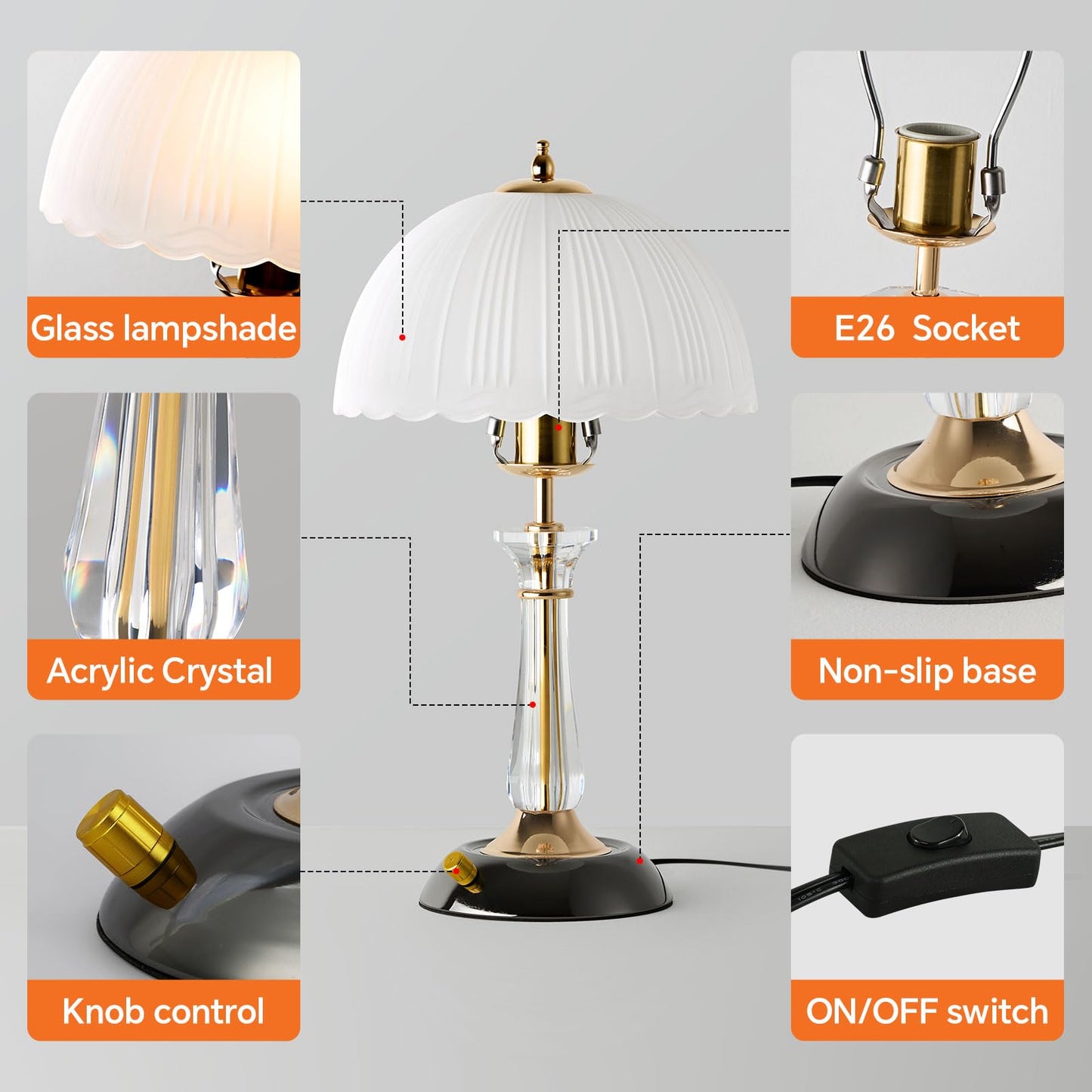 Flashine Crystal Table Lamp,Dimmable Bedside Lamp with ON/Off Switch Modern Glass Lamps for Night Stands Bedroom Living Room Decor (1PACK)