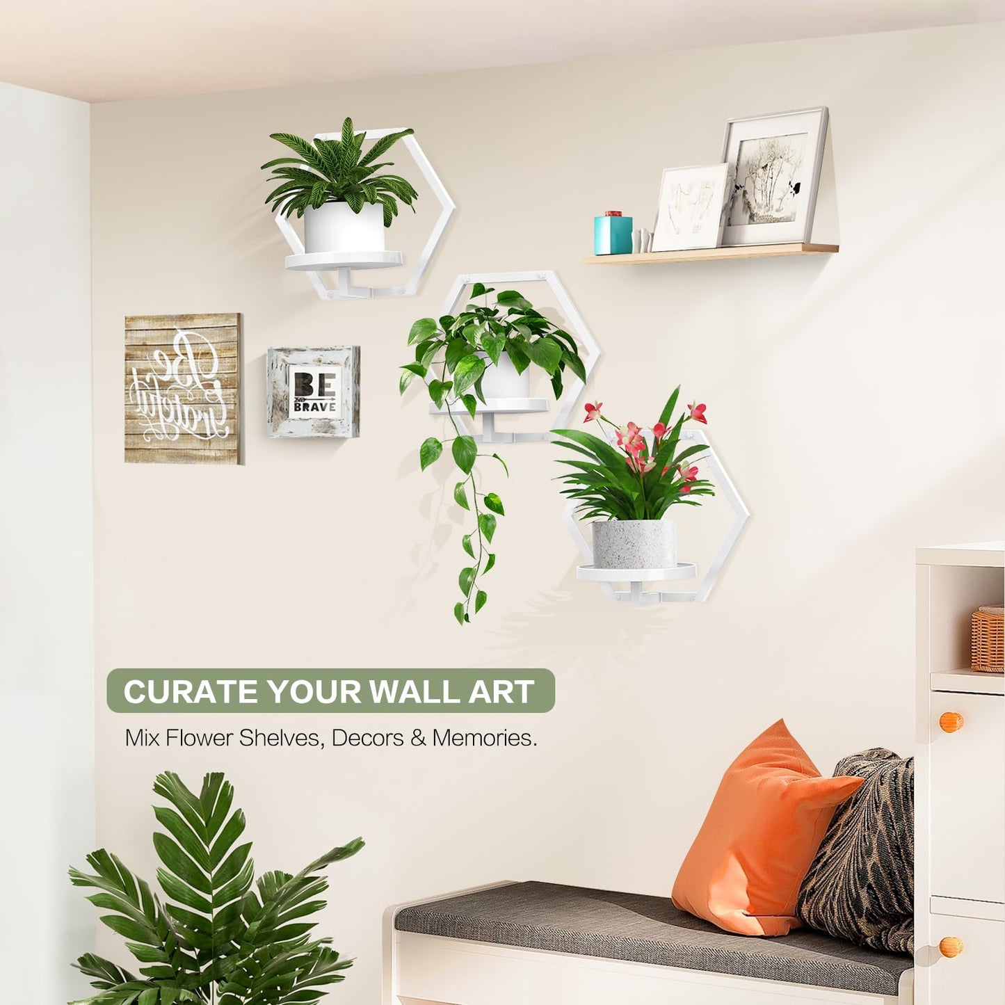 JOPBENG 3 Packs Wall Planters for Indoor Plants, 7.9inch Metal Wall Plant Holder Hanger Wall Decor, Wall-Mounted Hanging Planters Window Plant Shelves Outdoor(White)