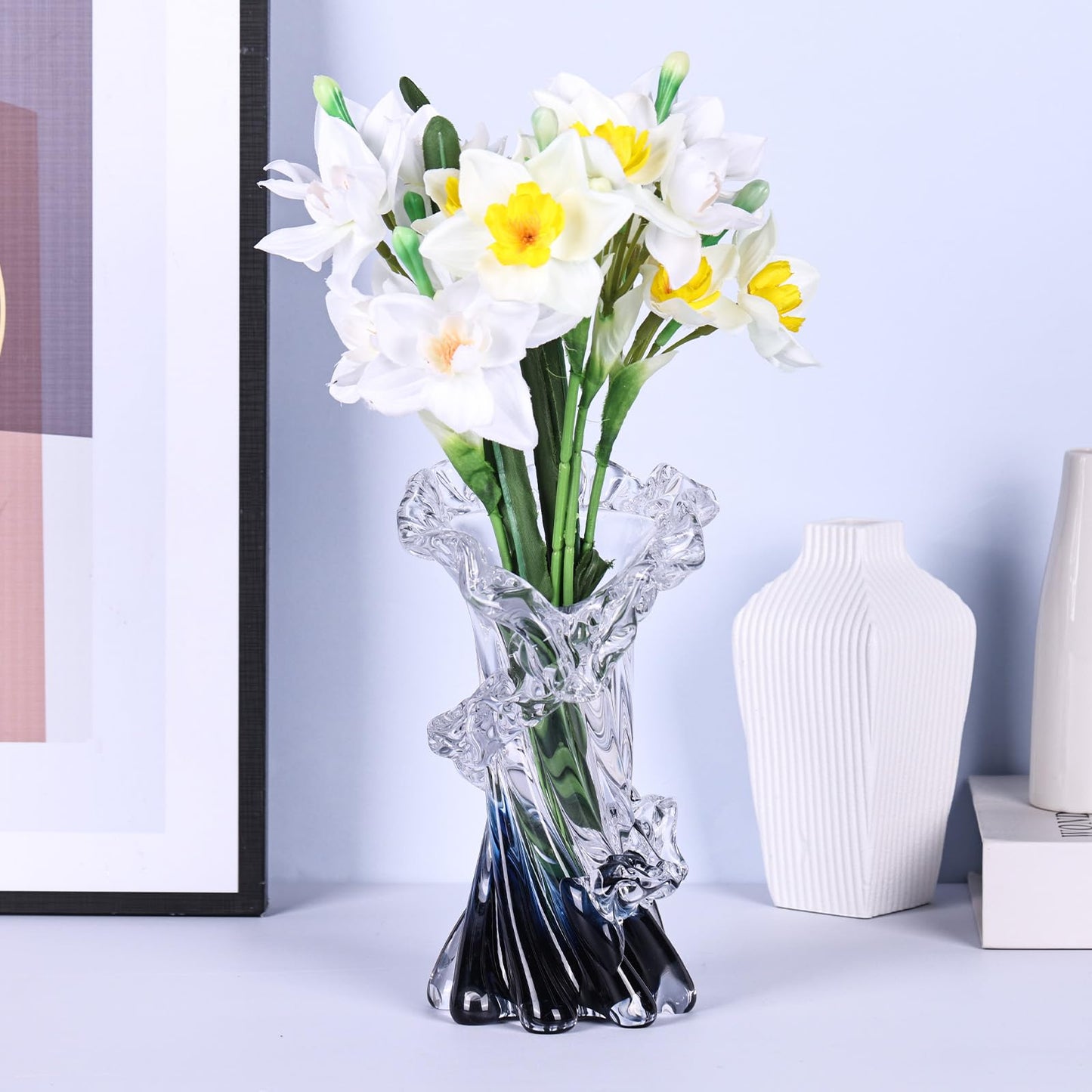 Hand Blown Blue Glass Vase, Unique Art Beautiful Ocean Glass Vase for Coastal Home Decor, Coffee Table, Living Room, Office Decor - 8" H