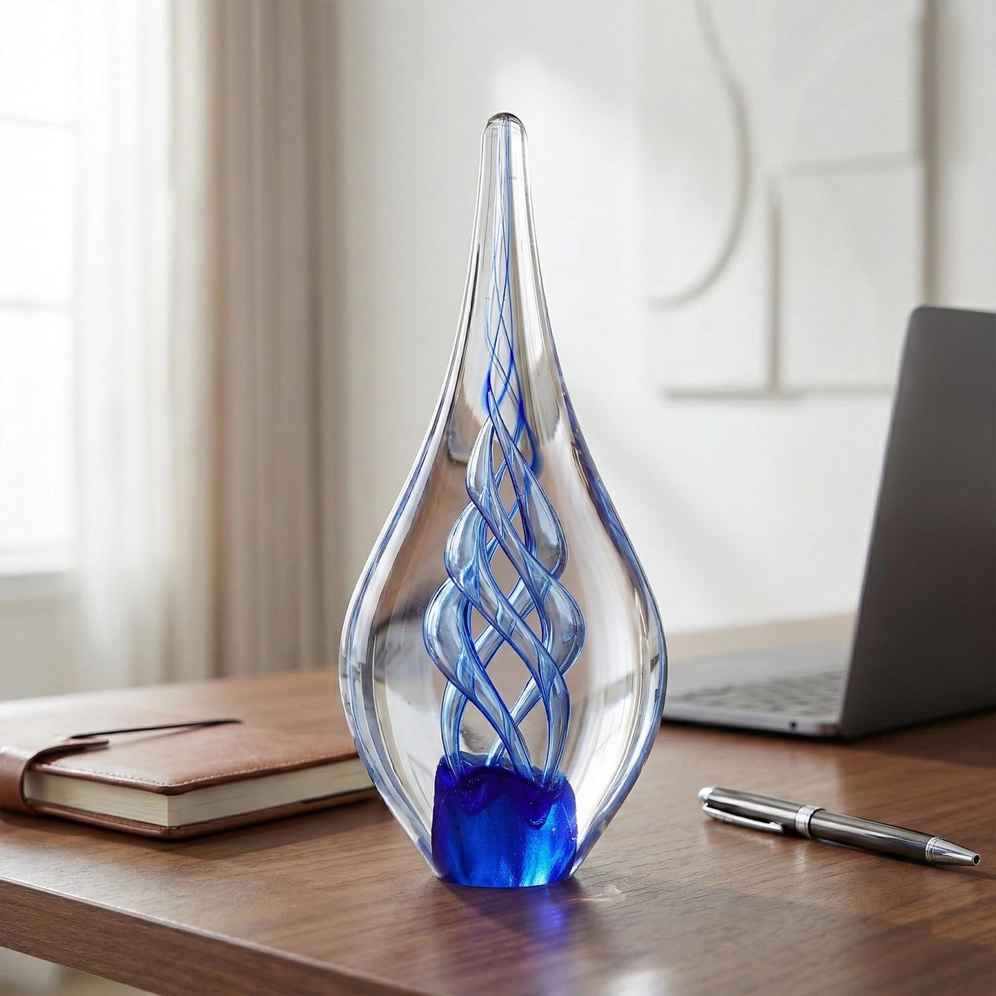 GrivSheen Hand Blown Glass Sculpture, Murano Style Decor, Blue Glass Art Collection Figurines, Teardrop Decorative Statue for Office Shelf, Unique Teardrop Sculpture Paperweight, Beach Room Decor
