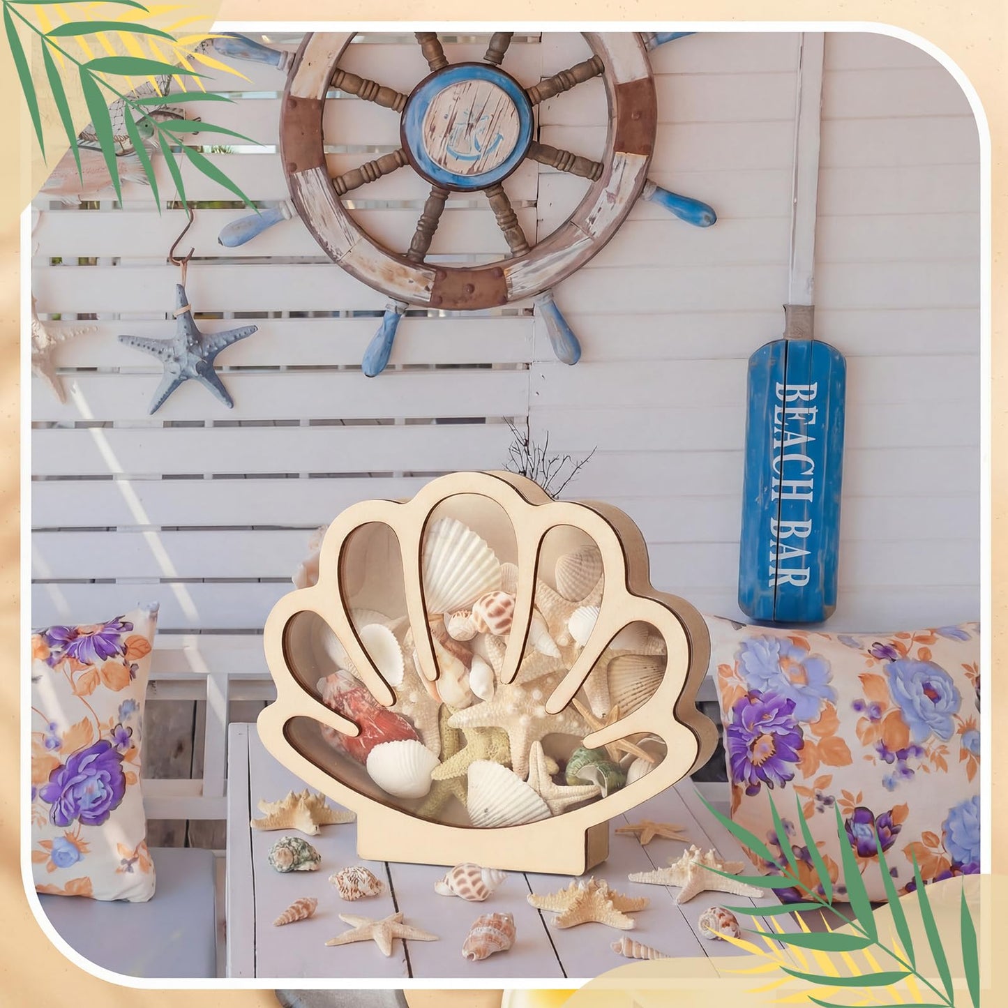 Novabright 2 Pcs Seashell Display Box Wooden Small Starfish Seashell Display Case with Acrylic Clear Window Shark Tooth Collection Box for Sea Rock Home Decor Present for Beach Lovers(Wood)